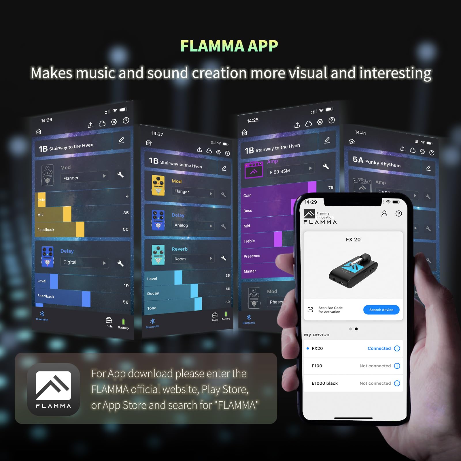 Flamma Fx20 Guitar Headphone Amp With App 40 Drum Grooves 52 Amp Modes 5 Delay 5 Reverb Effects 14 Modulations For Practice Reco