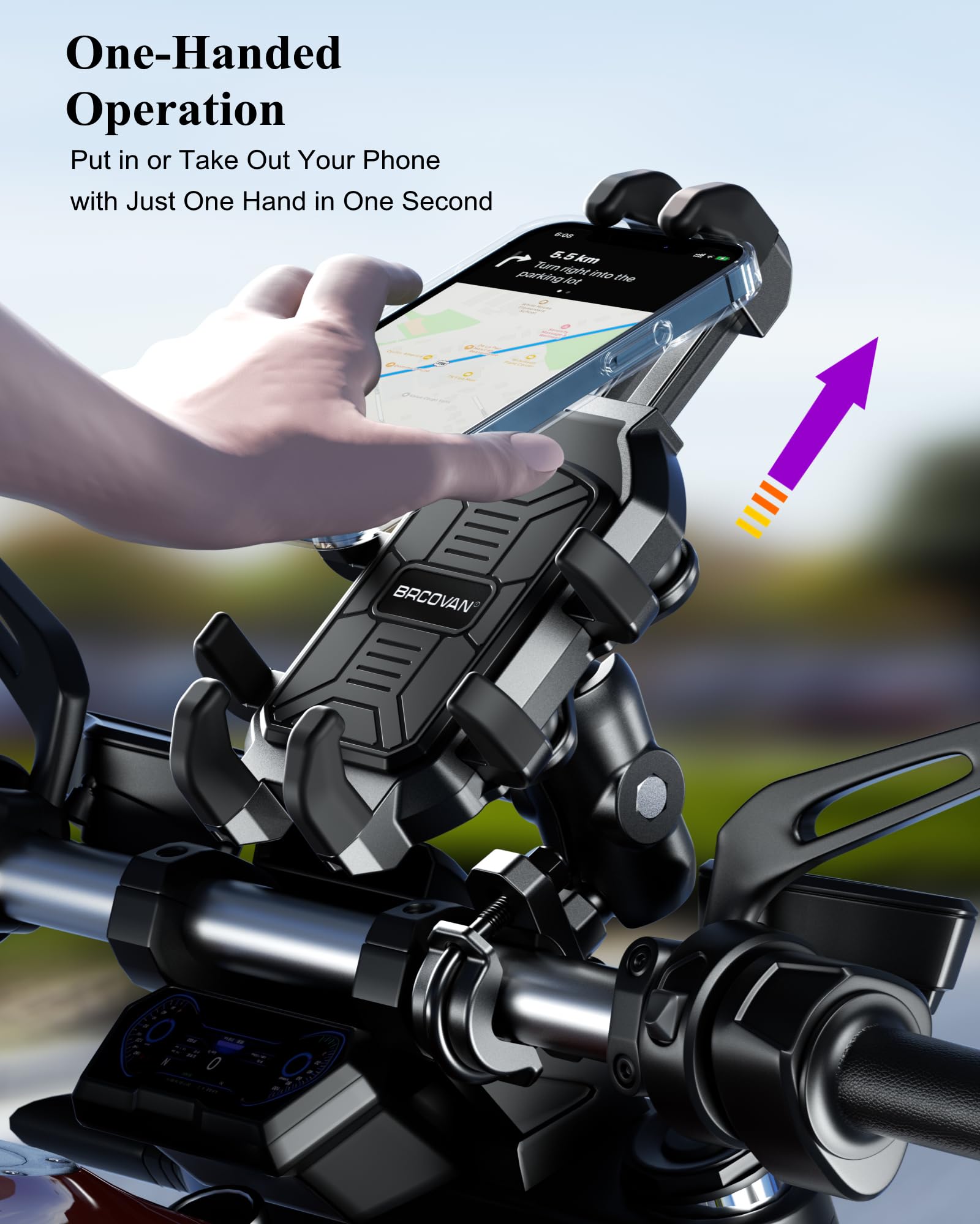 Brcovan Motorcycle Phone Holder With Vibration Dampener, Anti Shake Motorcycle Phone Mount, Adjustable Handlebar Cellphone Holde