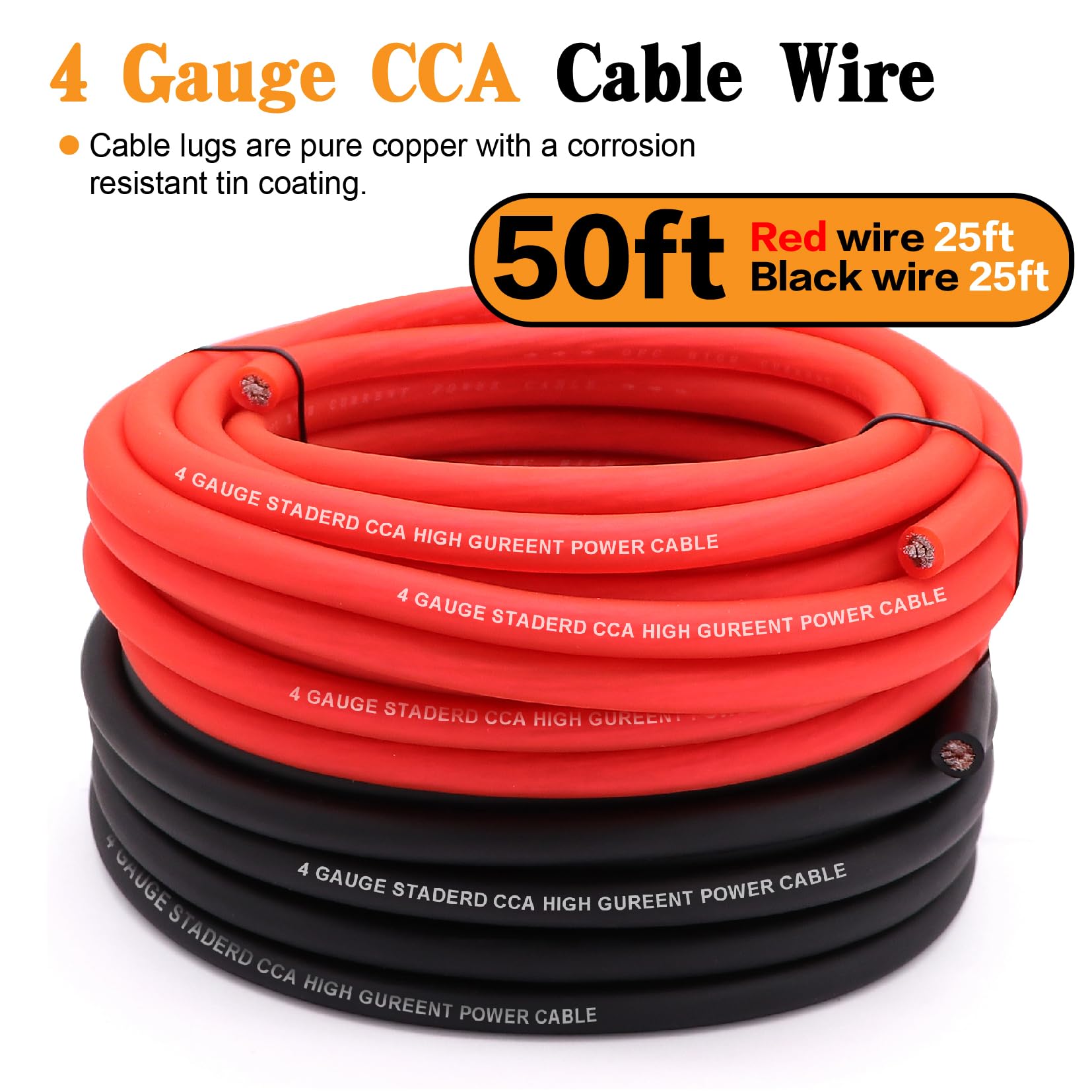 Taukealugs 4 Gauge Wire Copper Clad Aluminum Cca 50Ft Black/Red With 4Ga Lugs,100A Anl Fuse Holder And Heat Shrink Tube   Batter