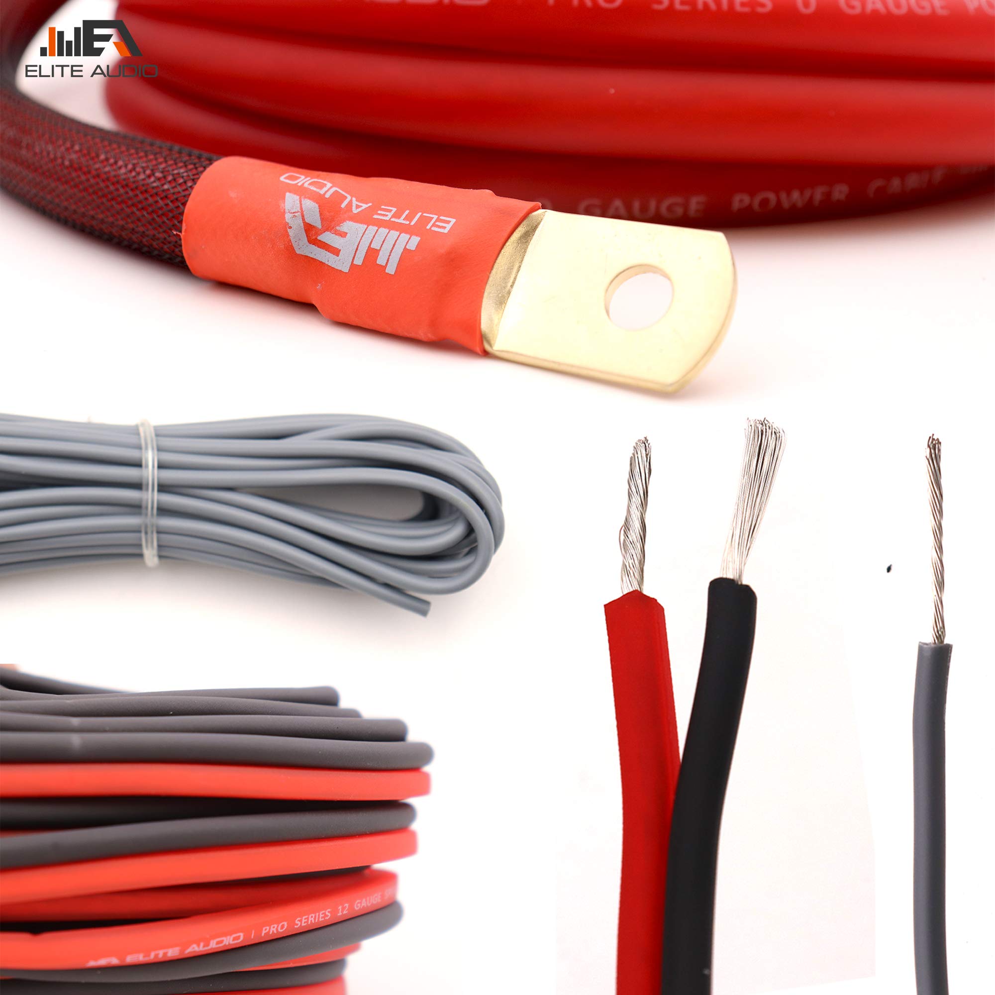 Elite Audio 0 Gauge OFC Installation Amplifier Wiring Kit - 5000W, Tinned Copper, Brass Fuse Holder, Model EA-PROK0, Red