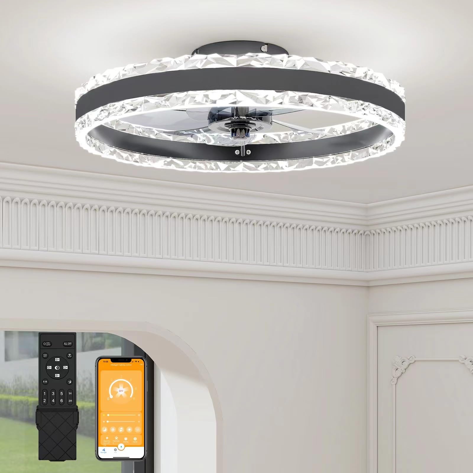 VOLISUN Low Profile Ceiling Fans with Light and Remote, 19.7in Fandelier Ceiling Fan with Light, 3000K-6500K Dimmable Flush Moun