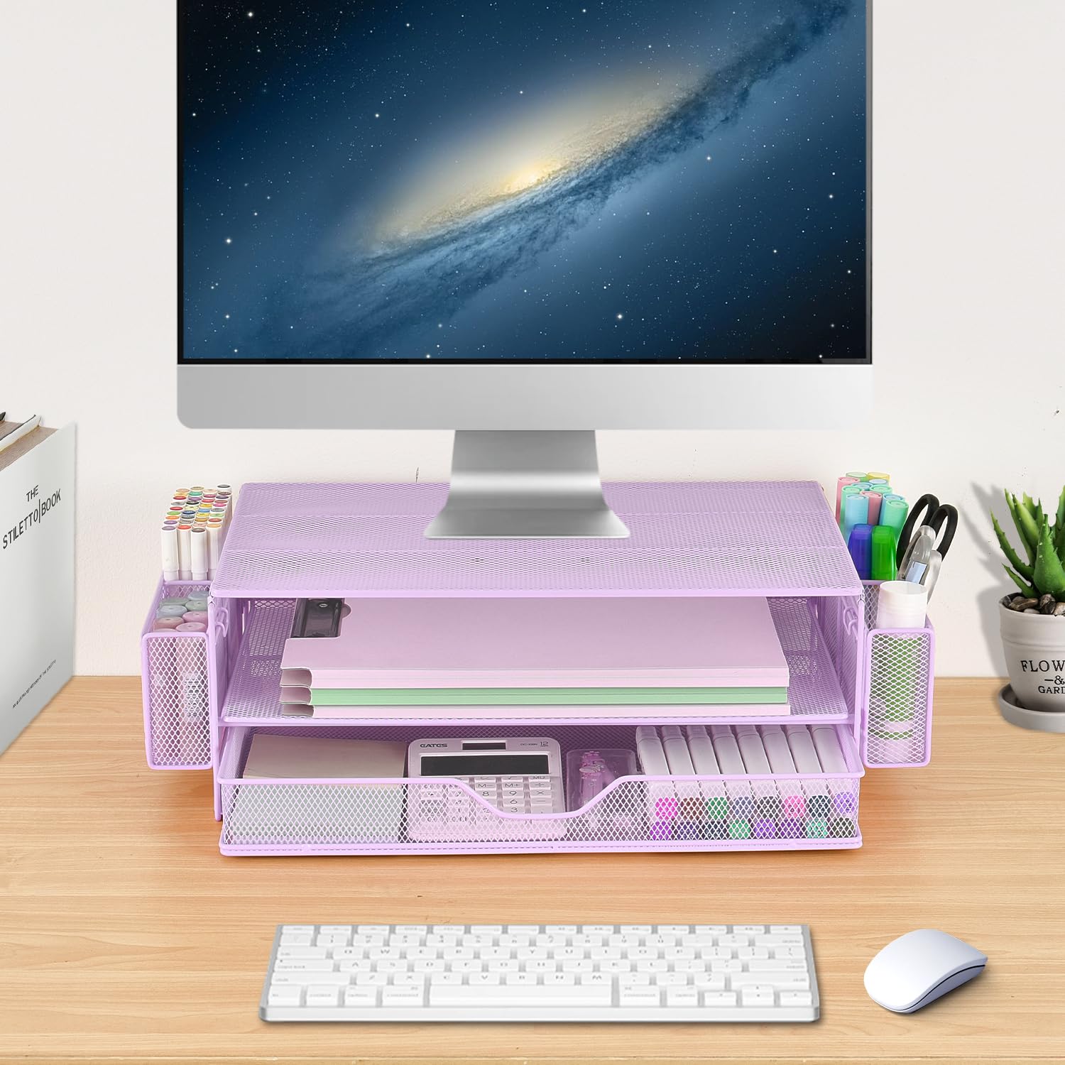 Aupsen 2 Tier Computer Monitor Stands With Drawers And 2 Pen Holder, Desk Accessories & Workspace Desk Organizers, Desktop Organ