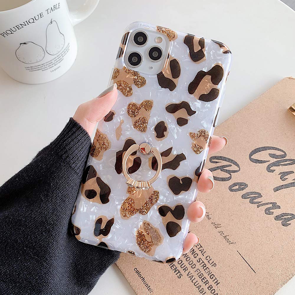 Qokey iPhone X/XS Phone Case 360 Degree Rotating Ring Kickstand Shockproof TPU Leopard