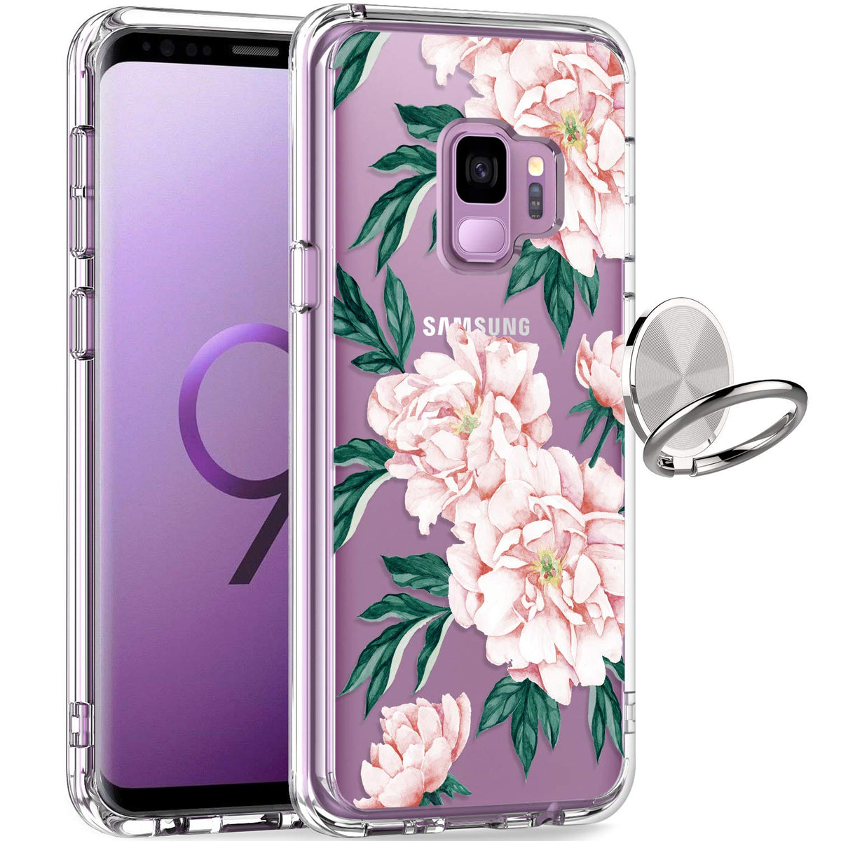 Giika Galaxy S9 Case, Clear Heavy Duty Shockproof Girls Women Protective Phone Cover Case For Samsung Galaxy S9, Pink Flowers