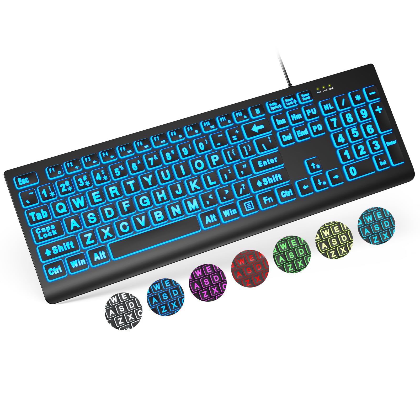 Sablute Large Print Backlit Keyboard, Wired Usb Lighted Computer Keyboards With 7 Color & 4 Modes Backlit, Oversize Letters Keys
