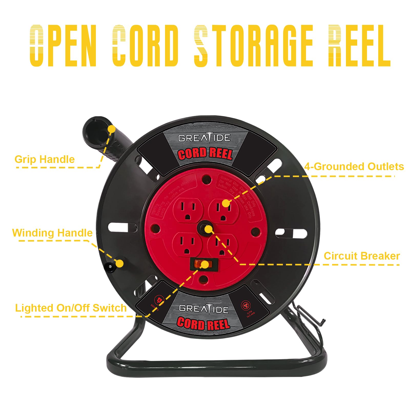 Greatide Heavy Duty Extension Cord Storage Reel With 4 Grounded Outlets, 10A Circuit Breaker, Retractable Hand Wind, Portable Em