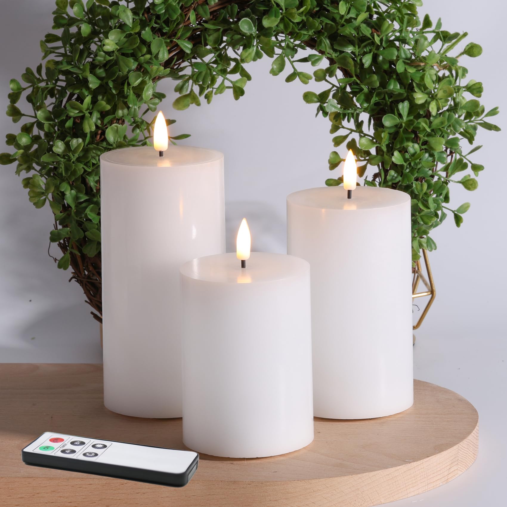 Girimax White Flat Top Flameless Pillar Candles With Remote, Real Wax Flickering Led Battery Operated Candles F 3'' H 4'' 5'' 6'