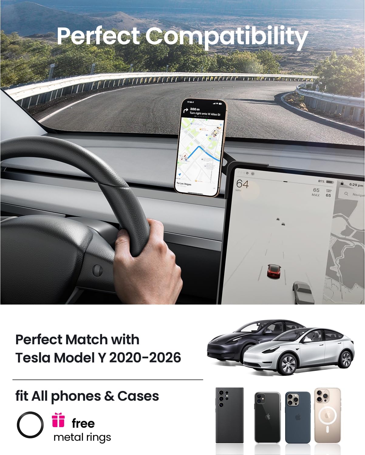 Reevaa 2025 Tesla Model Y Juniper Phone Mount For Magsafe [Strongest N55 Magnet, 3M Adhesive], Adjustable Tesla Screen Holder, C