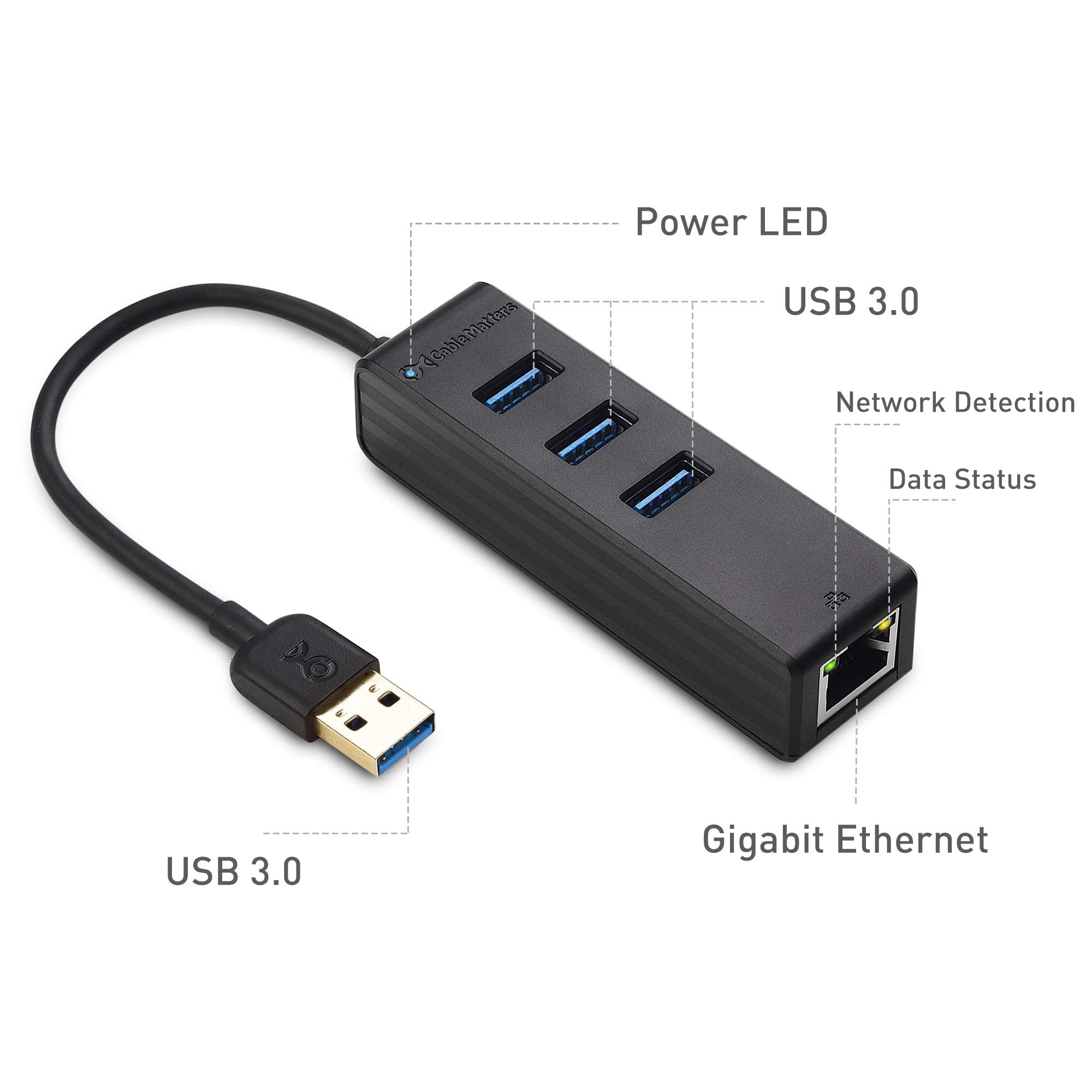 Cable Matters 4 in 1 USB Hub with Ethernet, Support Gigabit Ethernet (USB 3.0 Hub Ethernet, USB to Ethernet Adapter, Gigabit Ethernet USB Hub, USB Ethernet Hub) with 10/100/1000Mbps Network in Black
