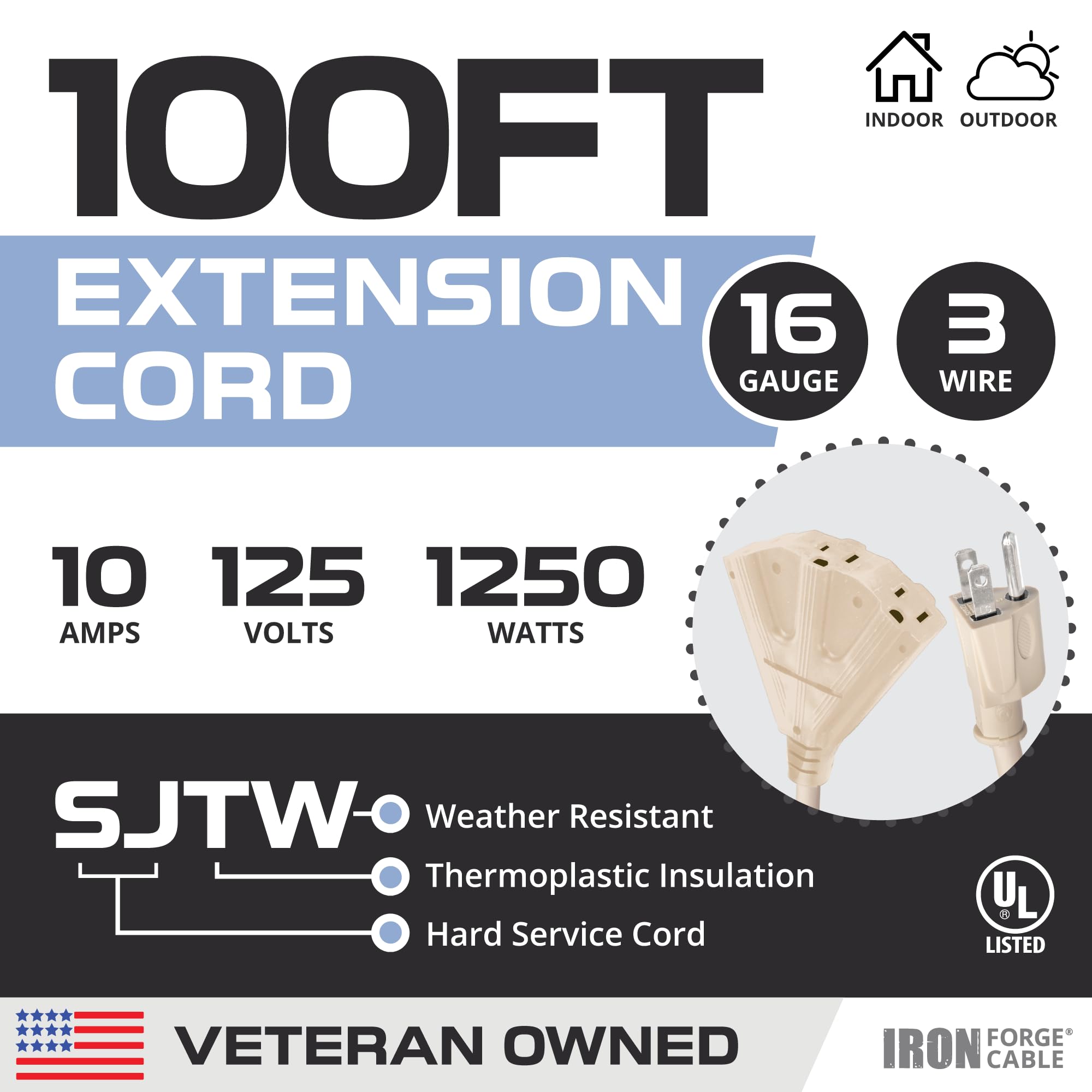 Iron Forge Cable Beige Outdoor Extension Cord 100 Ft 3 Outlet, 16 Gauge Heavy Duty Power Extension Cords With Multiple Outlets