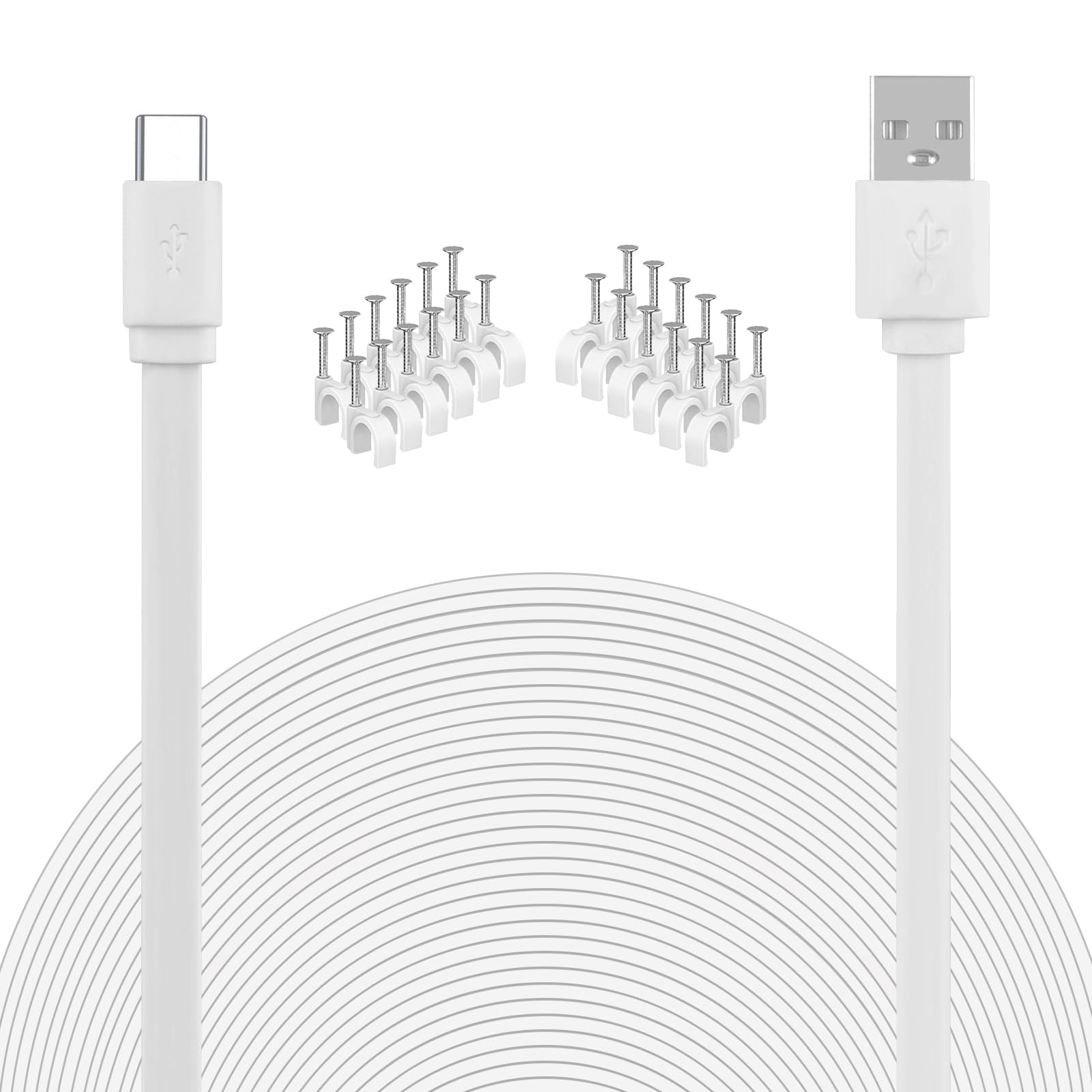SEEHOM USB to USB C Cable for Security Camera Type C Charging Cord 33FT/10M Flat Long Power Supply Extension Wire Compatible wit