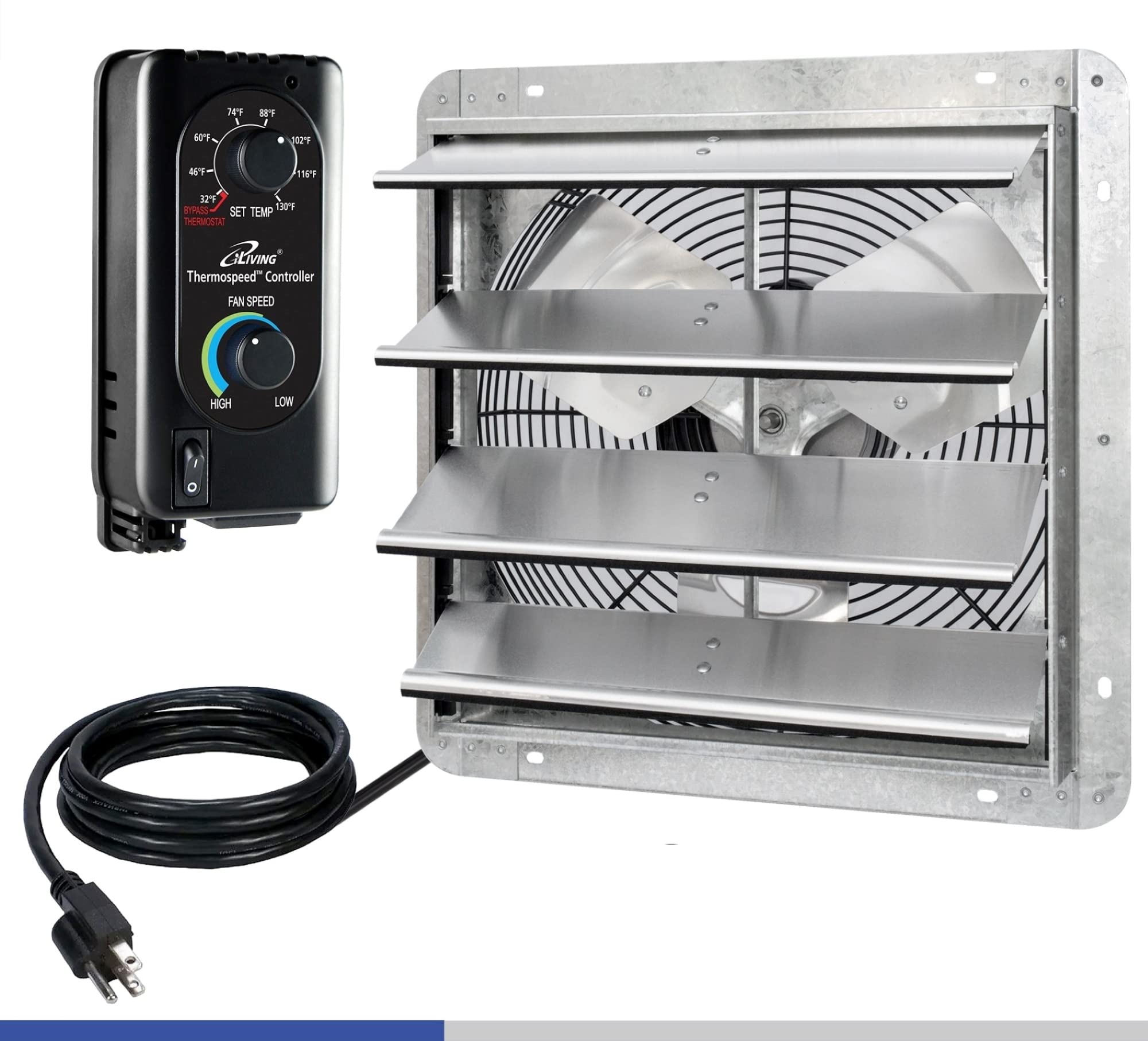 Iliving 16'' Wall Mounted Shutter Exhaust Fan, Automatic Shutter, With Thermostat And Variable Speed Controller, 0.85A, 1200 Cfm