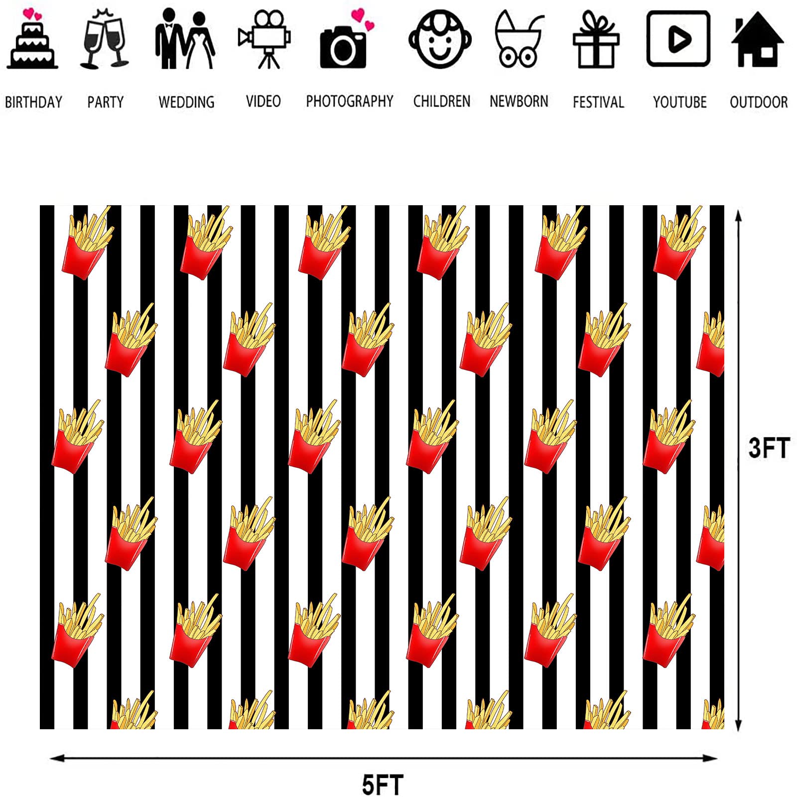 Emdspr French Fries Backdrop, 5X3Ft Vinyl, Funny Fried Junk Food Snack Picnic Party Photography Background Black And White Strip