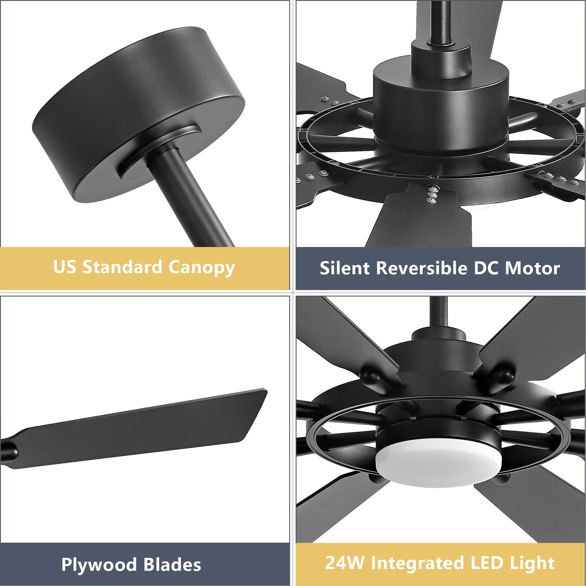 Elehinser 60'' Ceiling Fan With Lights And Remote Control, Wood 8 Blades 6 Speed Dimmable Light Noiseless Reversible Dc Motor, M