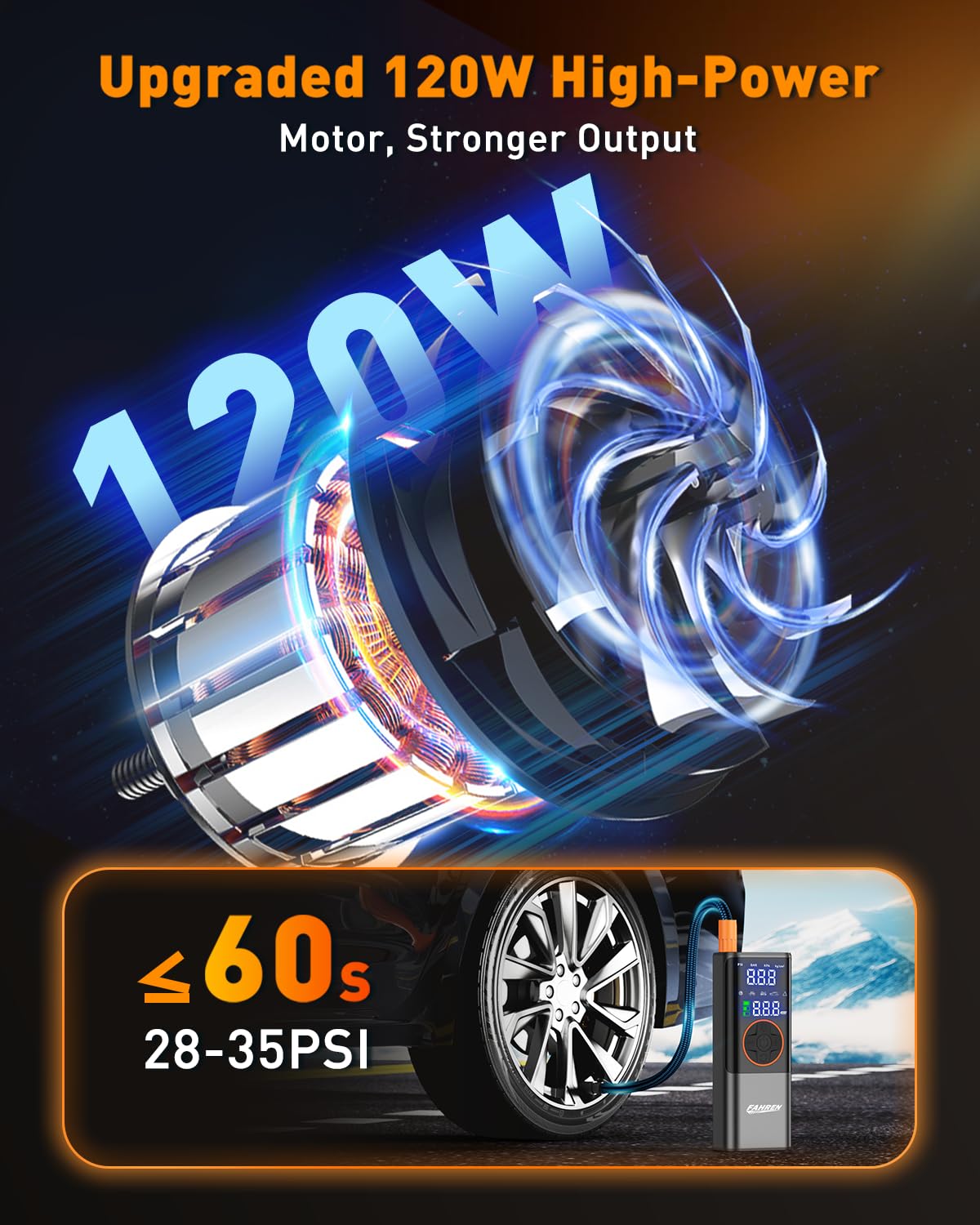 Fahren Portable Tire Inflator For Car, 150Psi Cordless Tire Inflator Portable Air Compressor, Rechargeable Digital Tire Inflator