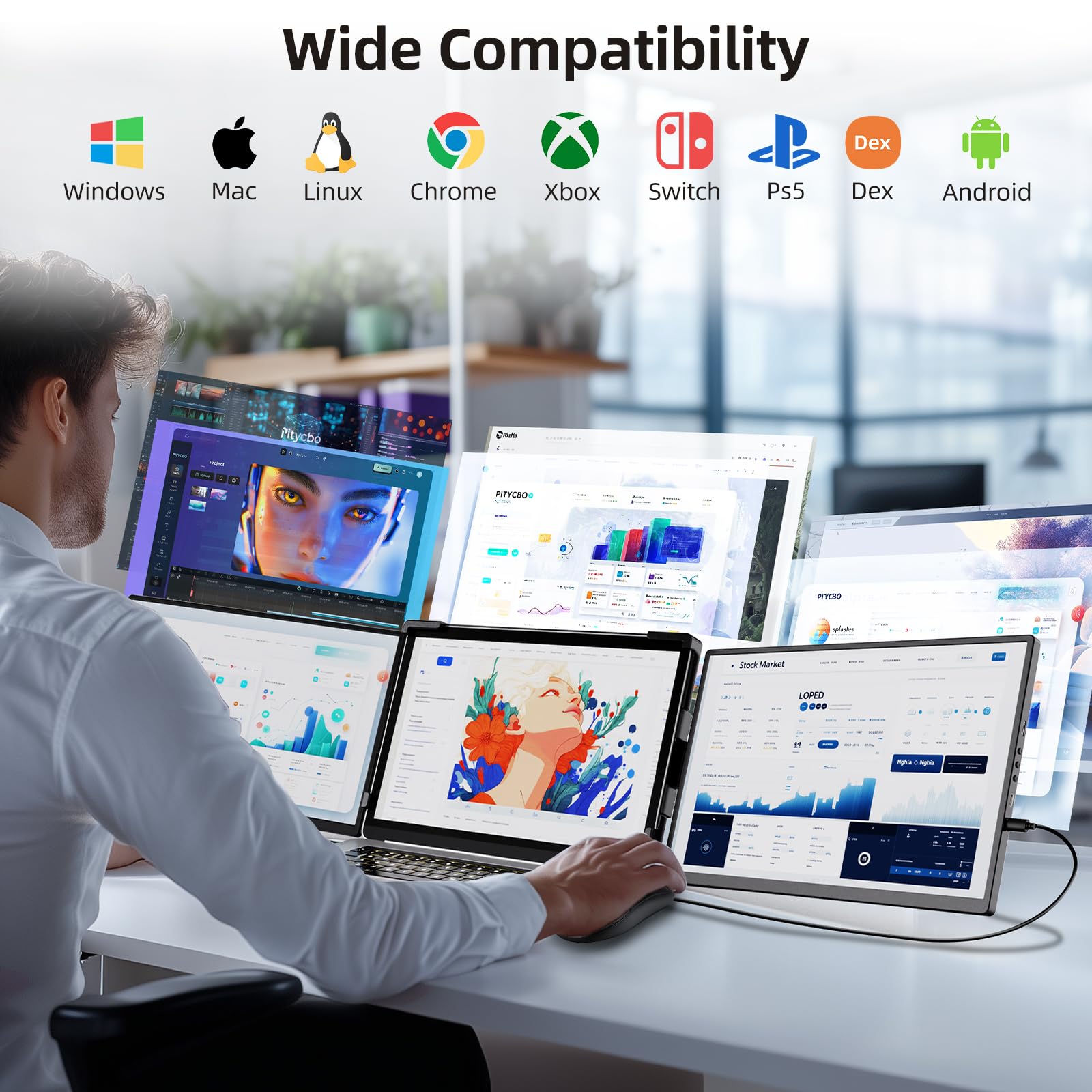 Pitycbo Laptop Screen Extender Monitor Portable   2.5K Triple Laptop Screen Extender, Plug And Play Multiple Screens Extended Fi