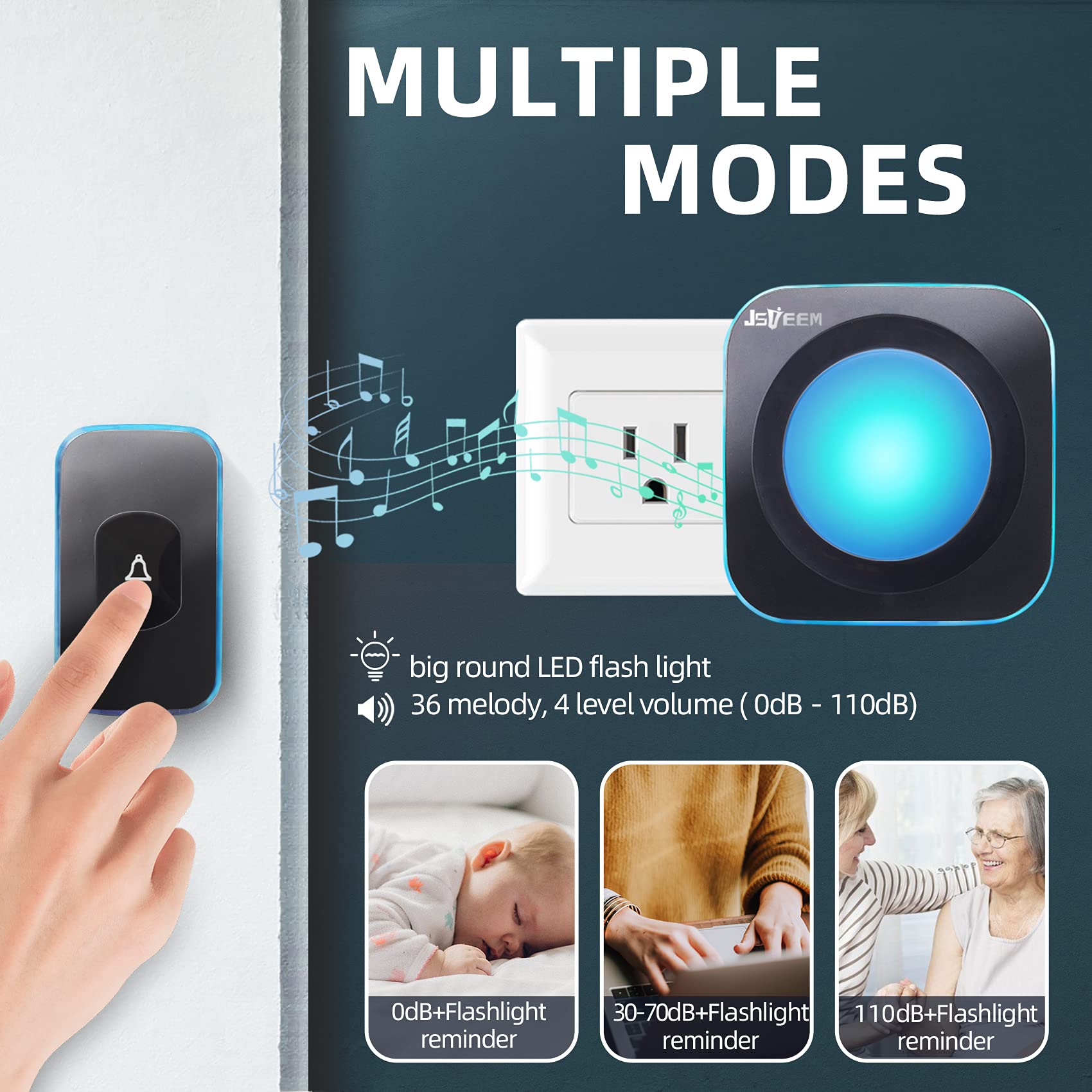 Wireless Doorbell Jsieem 1200 Feet Waterproof Door Bell With 36 Melodies 4 Volume Levels 7 Colour Flash Light,For Home, Office,C