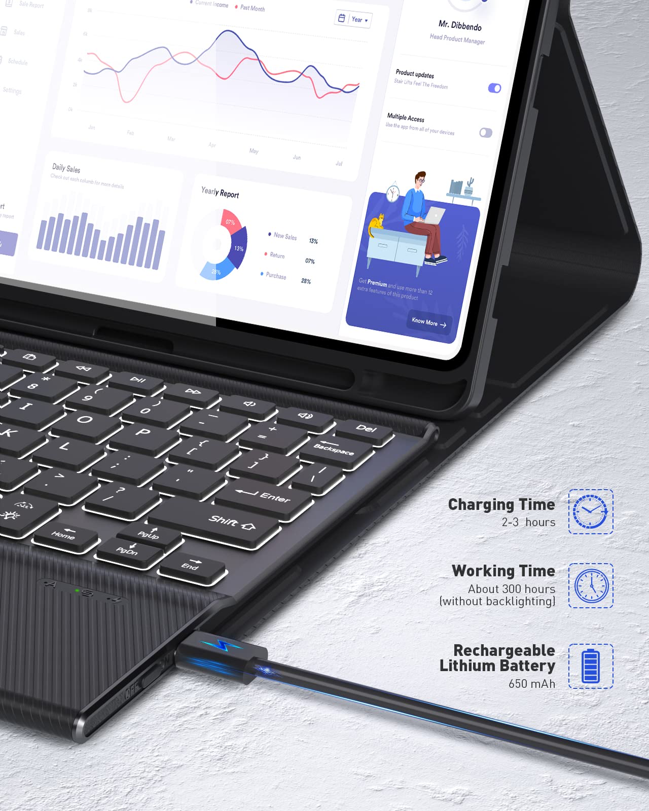 Doohowcase Backlit Keyboard Case Touch For Lenovo Tab P12 12.7'' 2023 (Zach0177Us), Bluetooth Keyboard With Trackpad & Twill Cov