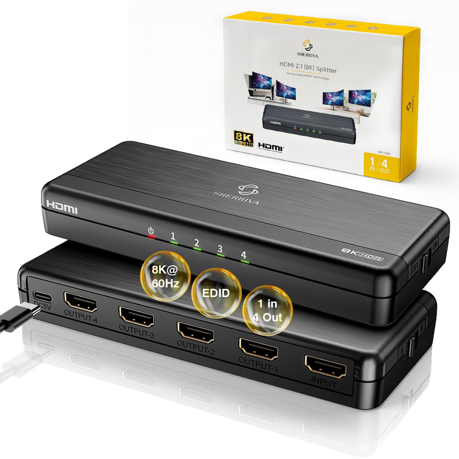 8K HDMI Splitter 1 in 4 Out (Mirror Only) - HDMI 2.1 8K@60Hz, 4K@240Hz DSC, 4K@120Hz, Auto Downscaling, 48Gbps, HDCP 2.3, Duplic
