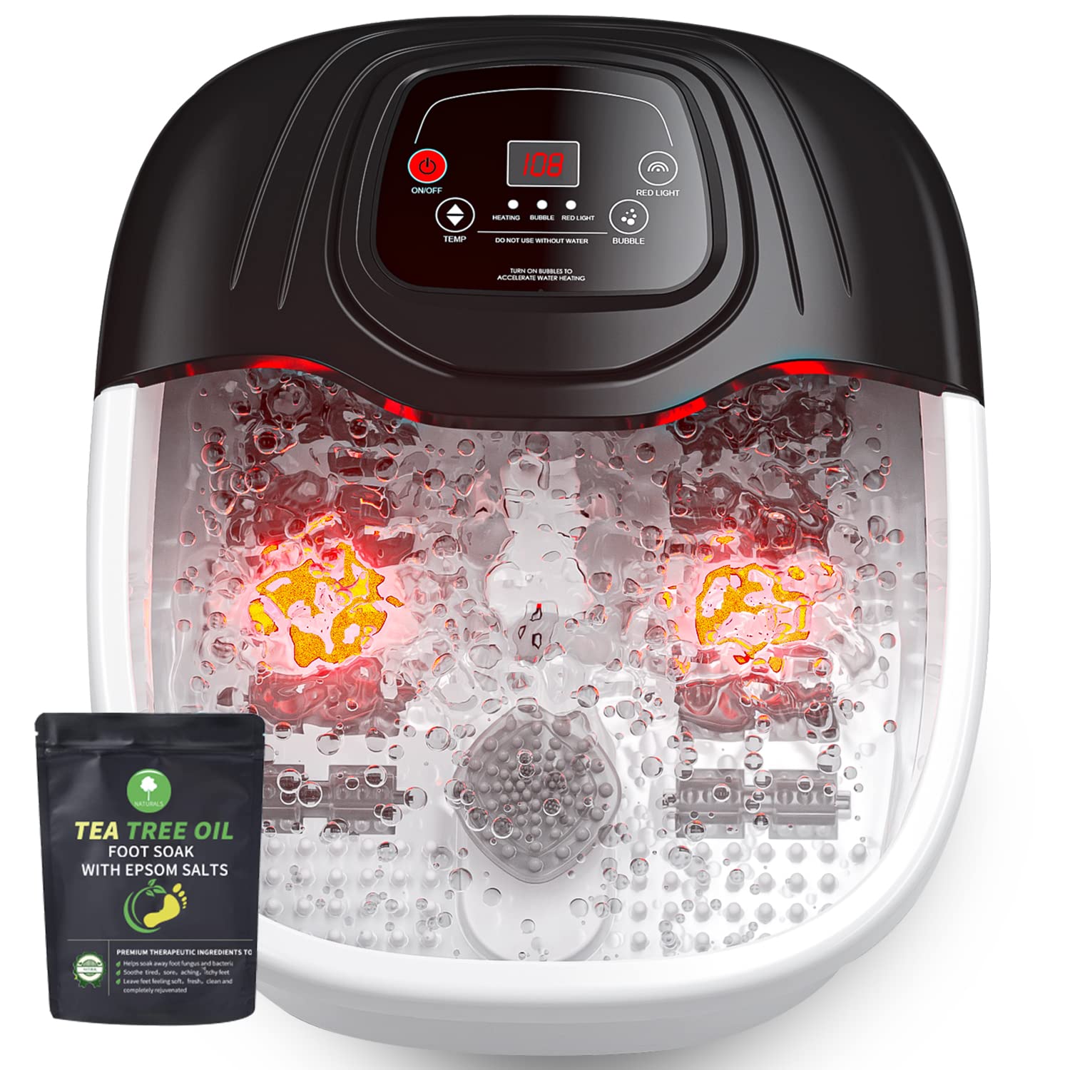 RIGHTMELL Foot Spa Bath Massager with Heat, Epsom Salt,Bubbles, Vibration and Red Light, Tub for Stress Relief,Foot Soaker, Birt