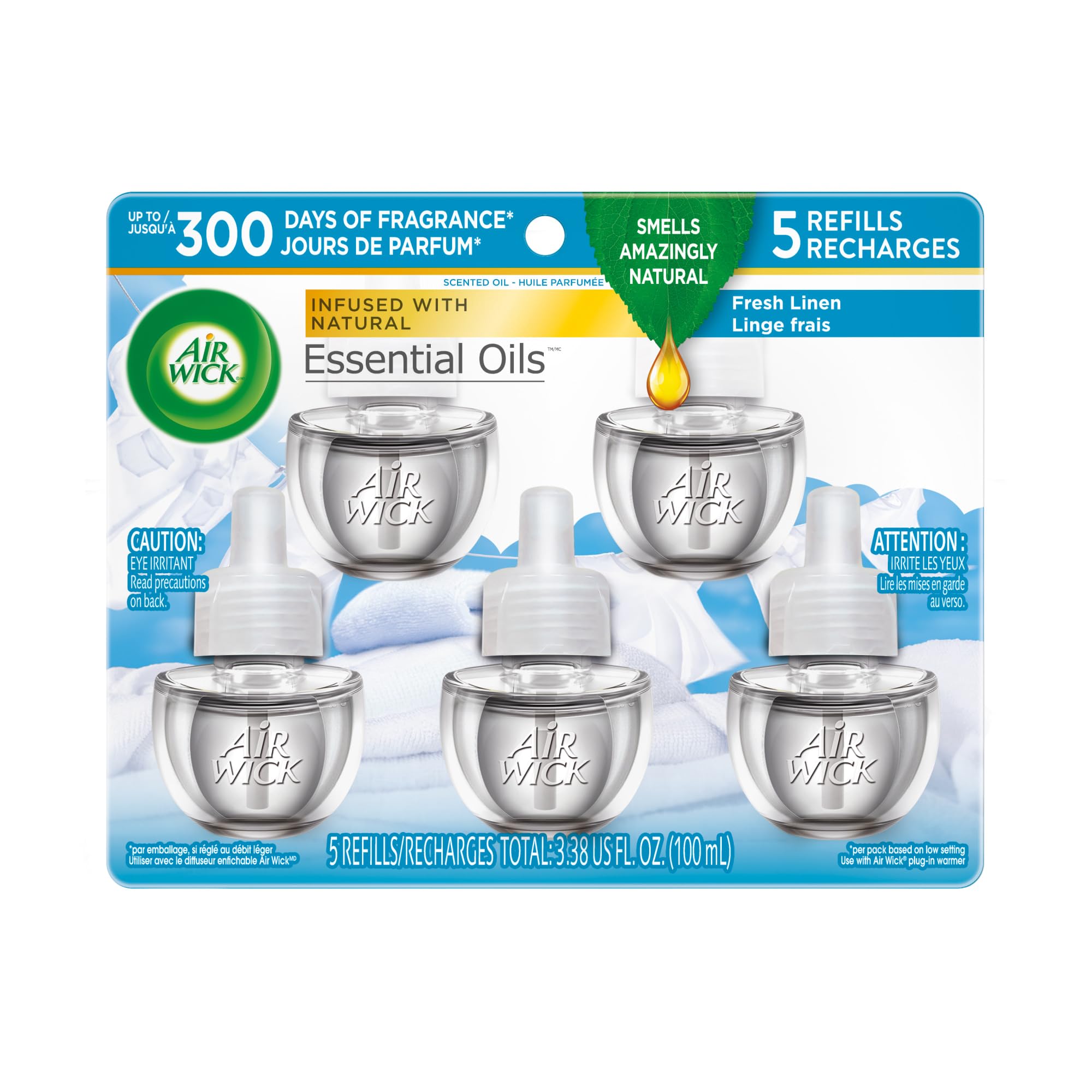 Air Wick Plug In Scented Oil Refill, 5Ct, Fresh Linen, Essential Oils, Air Freshener