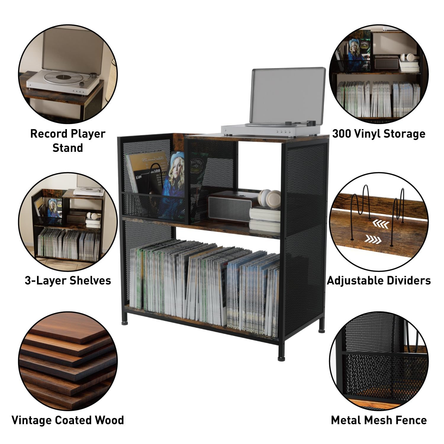 Large Record Player Stand With Vinyl Storage, 3 Tier Vinyl Record Storage For 300 Albums, Wood & Metal Turntable Stand With Cust