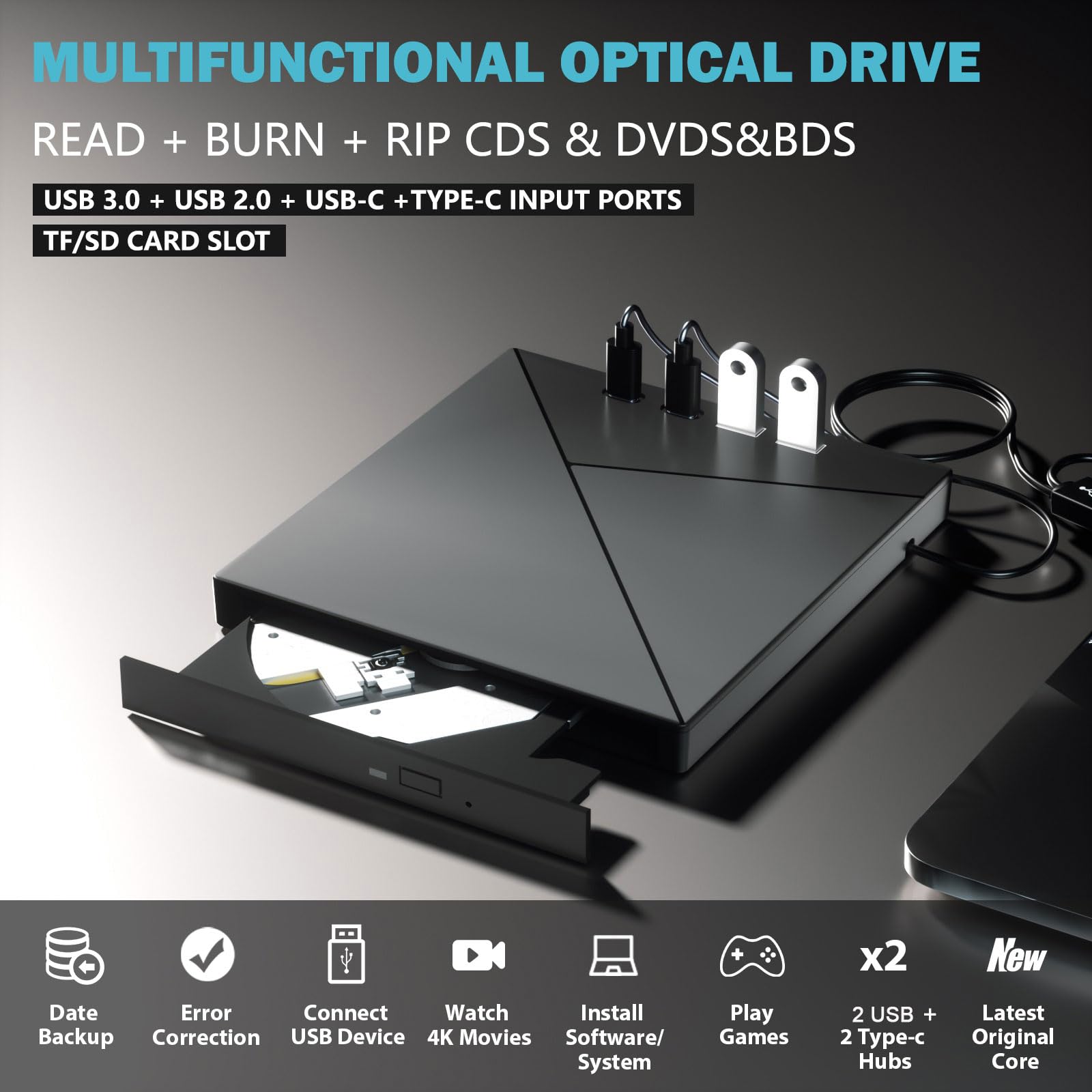 Wbacon 7-in-1 External Blu Ray Drive, 4K Burner, USB 3.0 Type-C, CD/DVD/3D BD Player, Compatible with Windows & MacOS