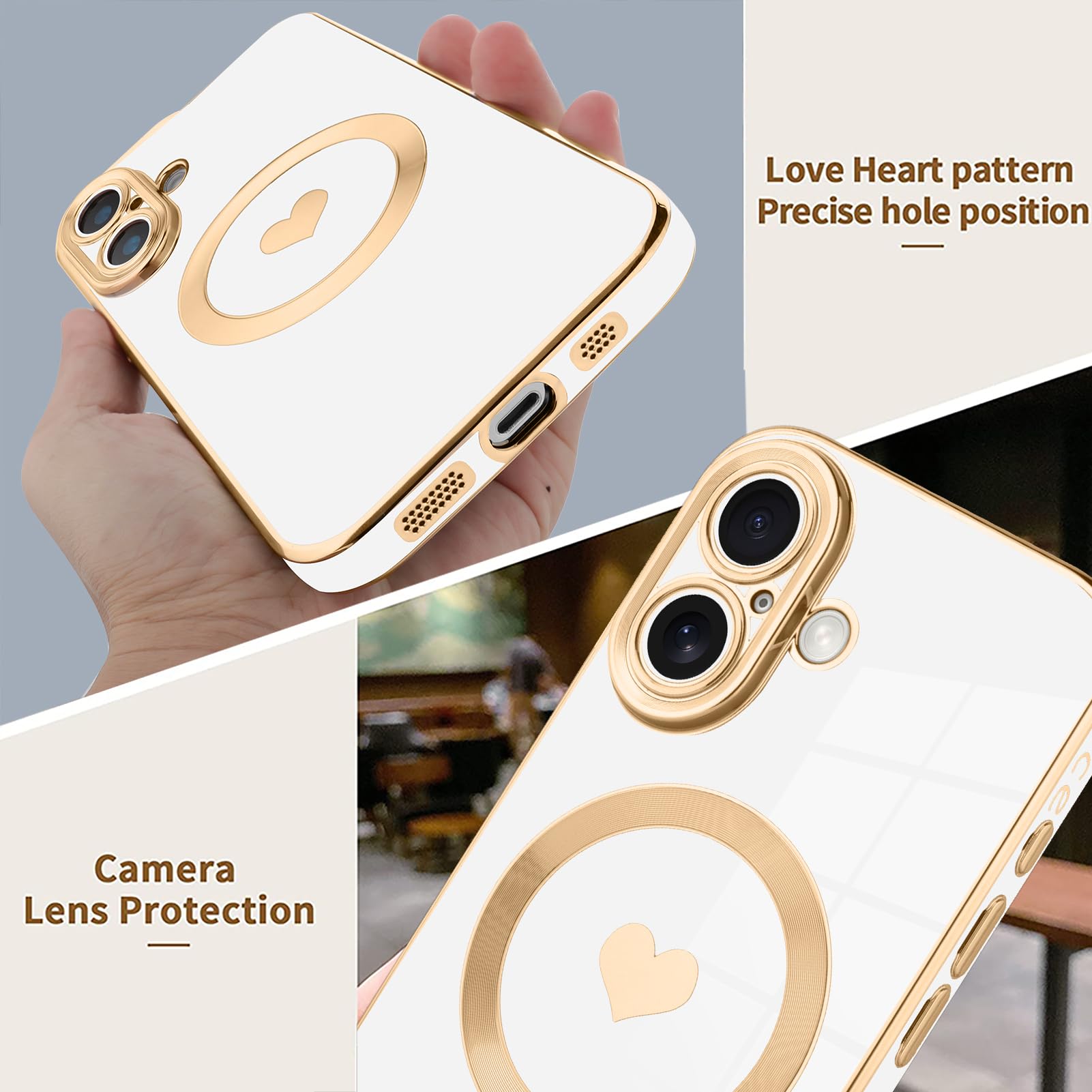 Tharlet Magnetic For Iphone 16 Case [Compatible With Magsafe] Cute Love Luxury Plating Edge Bumper Case With Full Camera Lens Ca
