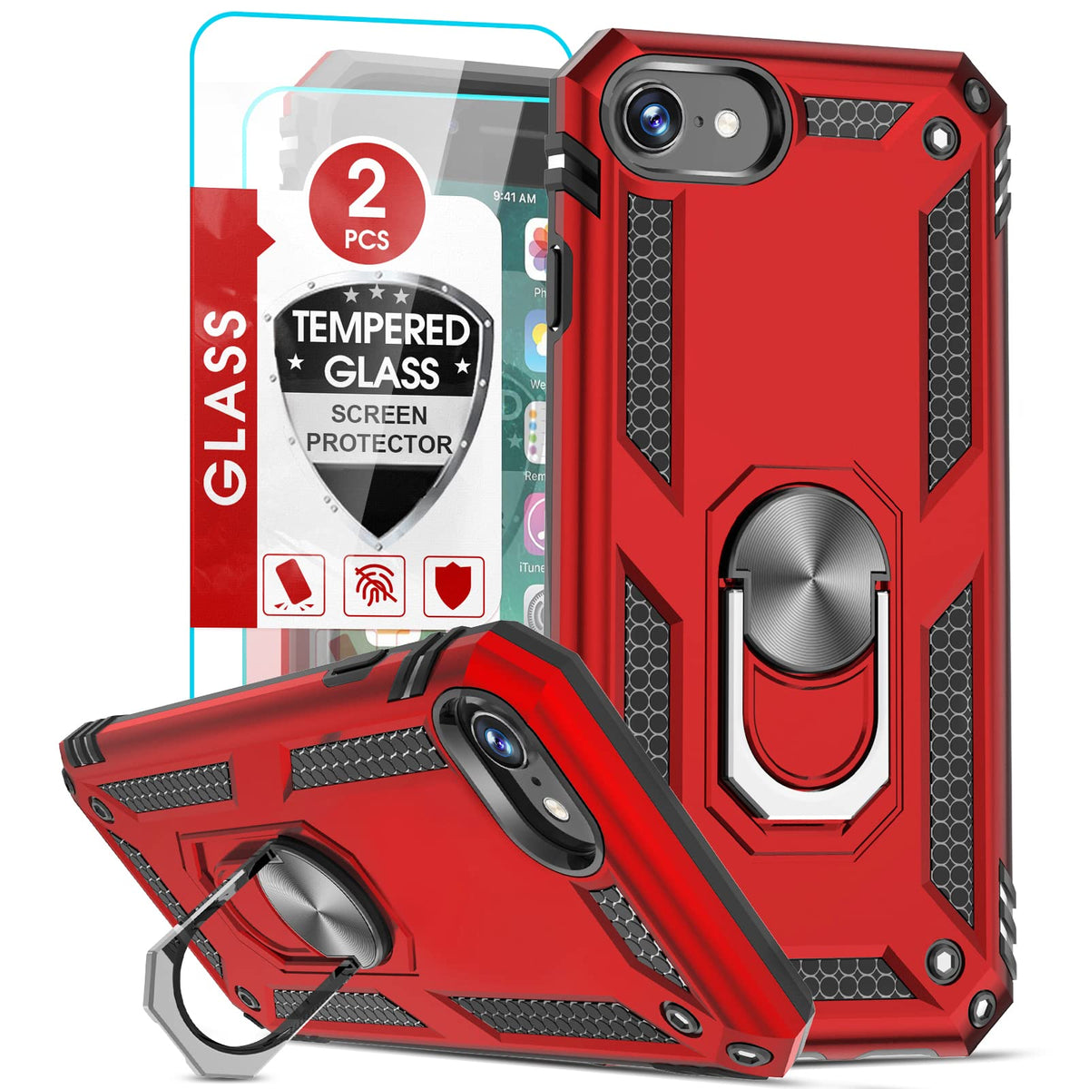 Leyi For Iphone Se 2022/2020 Case (3Rd Gen), Military Grade With Magnetic Kickstand, 2 Pack Tempered Glass Screen Protector, Red