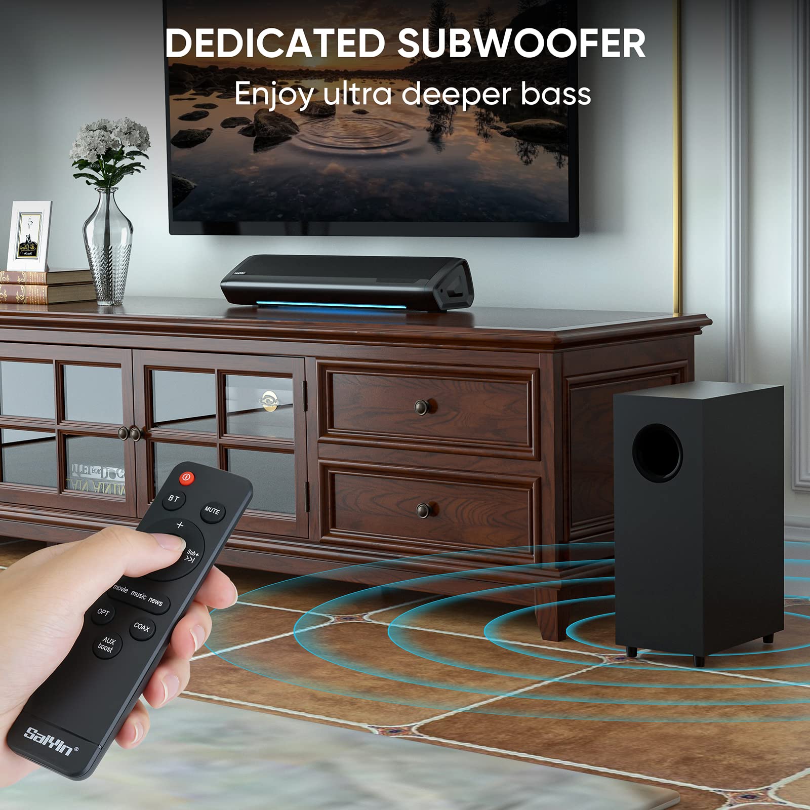 Saiyin Sound Bars For Tv With Subwoofer, 2.1 Deep Bass Small Soundbar Monitor Speaker Home Theater Surround System Pc Gaming Blu