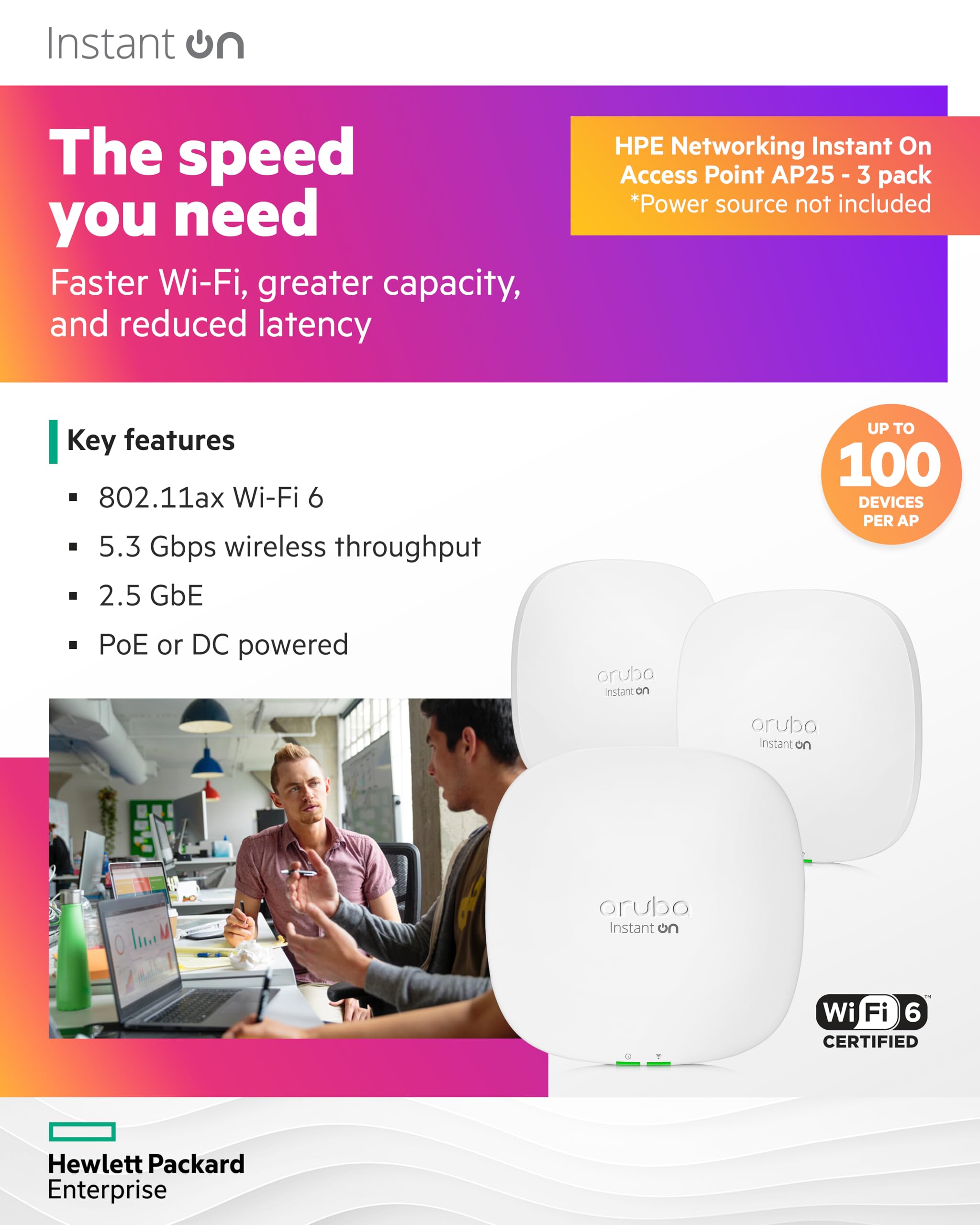 Hpe Networking Instant On Access Point Ap25 4X4 Wifi 6 Indoor Wireless Access Point (3 Pack) | Power Source Not Included | Us Model (R9B27A 3Pack)