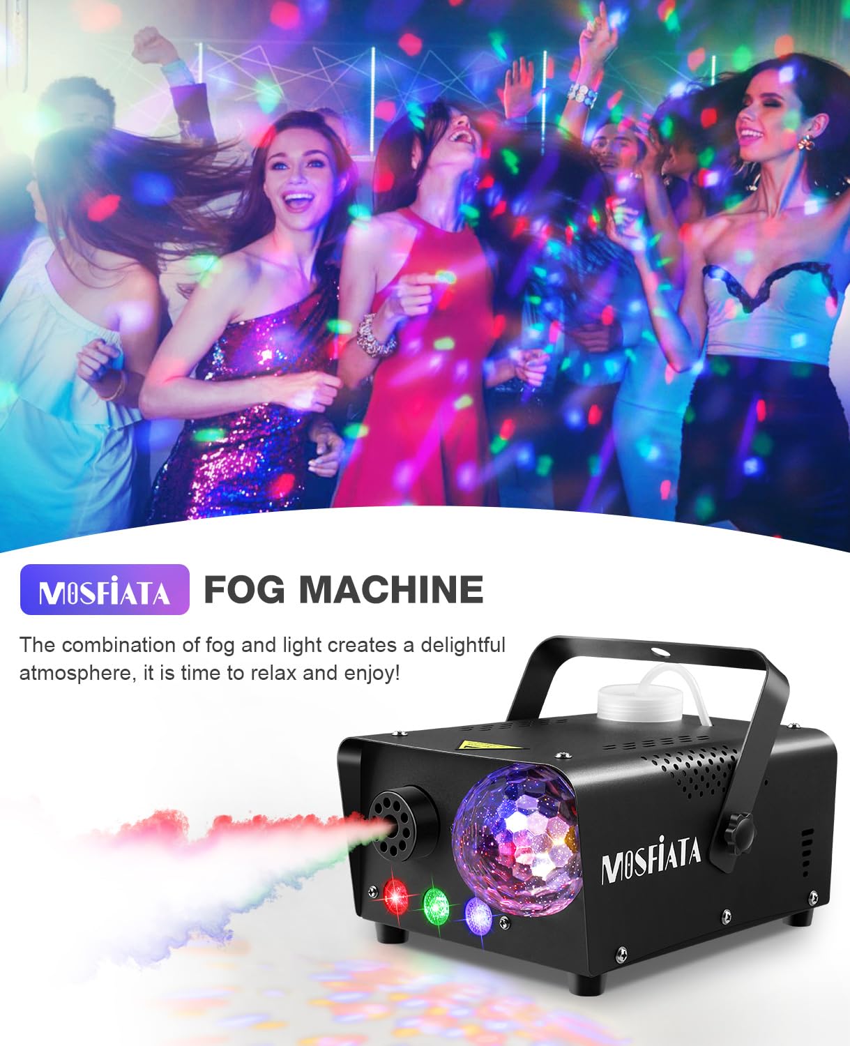 Mosfiata Fog Machine With Disco Light 600W Smoke Machine Rgb Led Lights, 2300 Cfm Spray, Remote Control, Perfect For Halloween,