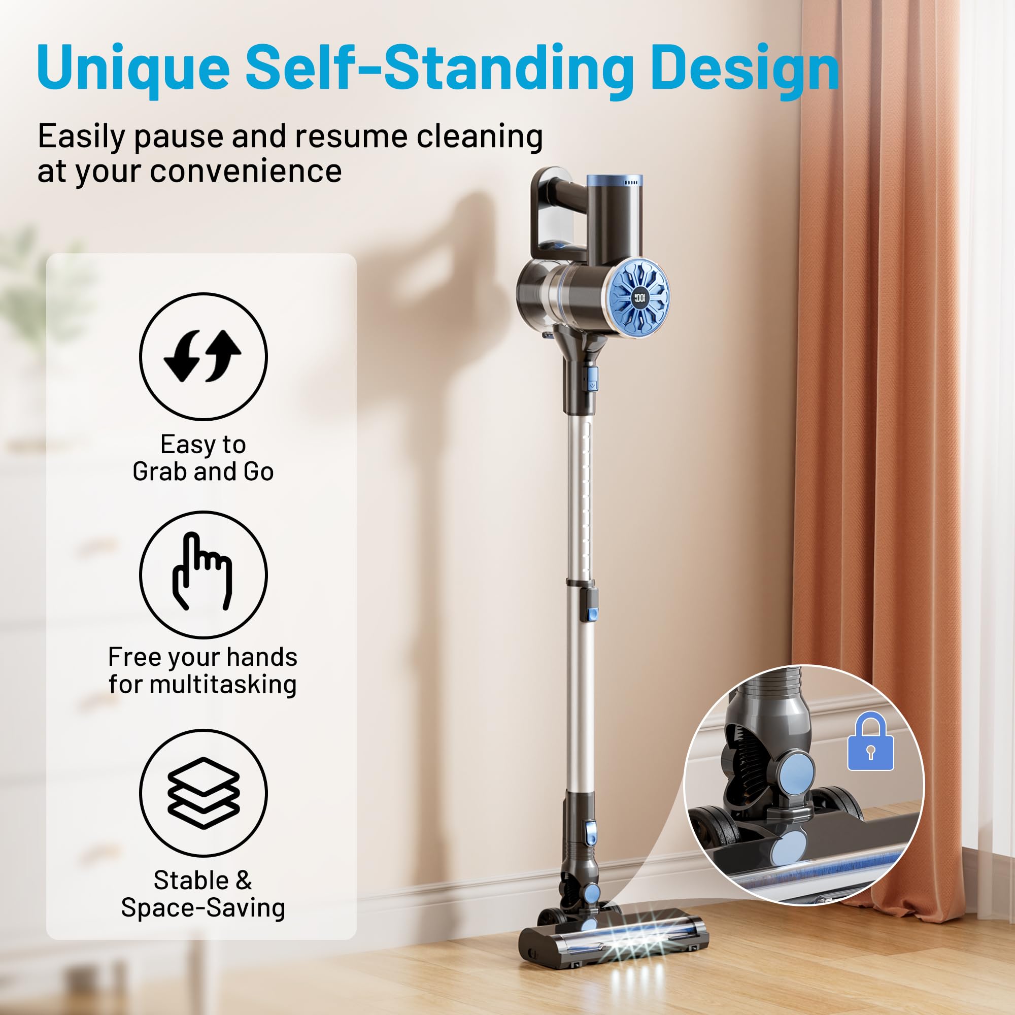 Cordless Vacuum Cleaner With Self Standing, Led Screen Stick Vacuum Cleaners For Home, Lightweight Powerful Suction Vacuum, 6 In