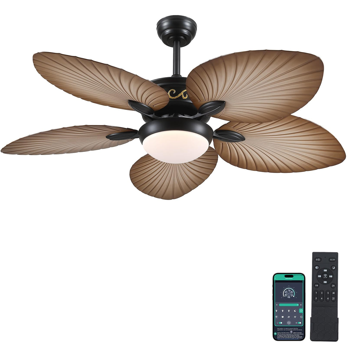 Wiviniya Ceiling Fans With Lights And Remote/App Control, 52 Inch Tropical Palm Leaf Ceiling Fan With Led Lights, Outdoor Ceilin