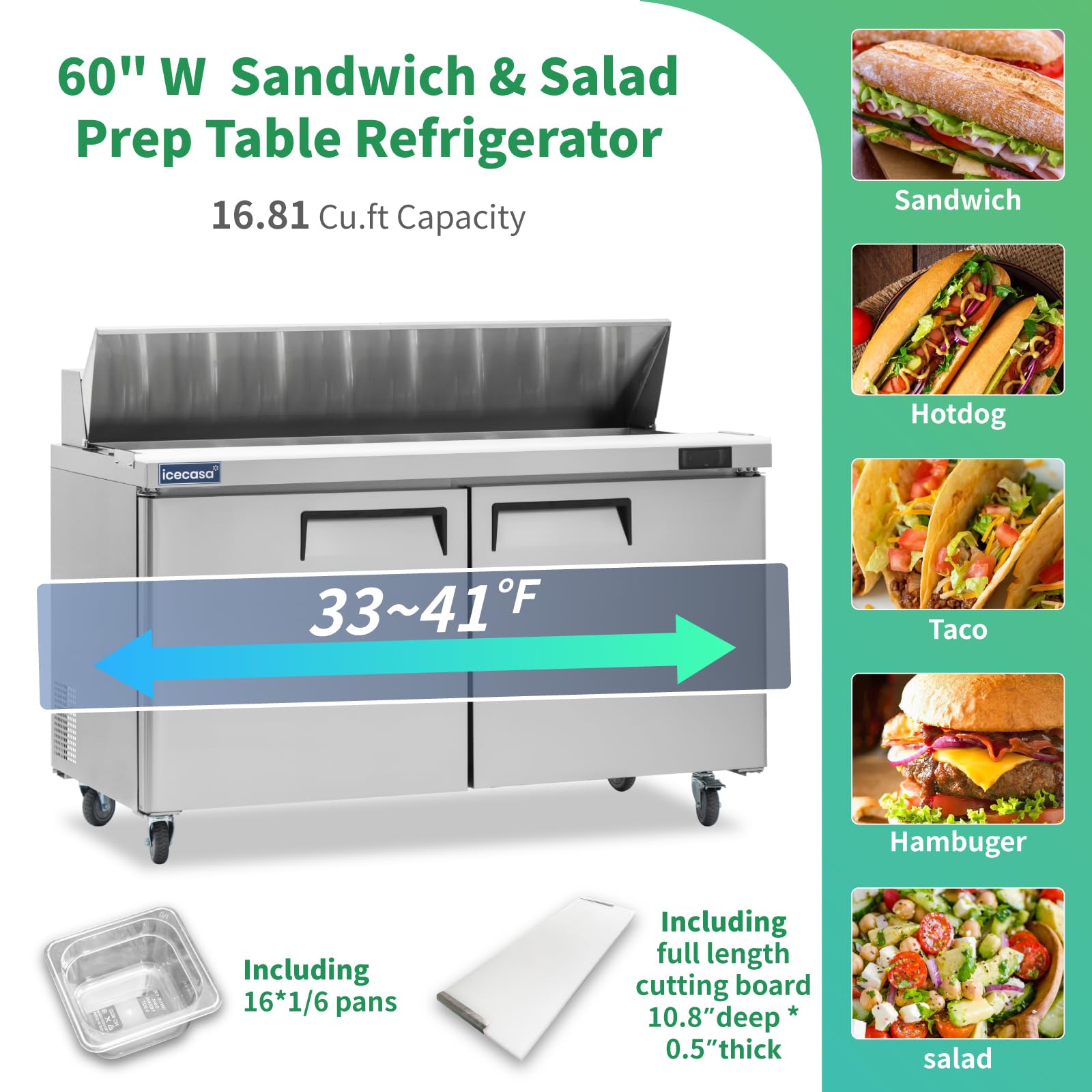 Icecasa 60'' W Commercial Refrigerator Sandwich&Salad Prep Table Single Door Stainless Steel Counter Fan Cooling Refrigerator Wi