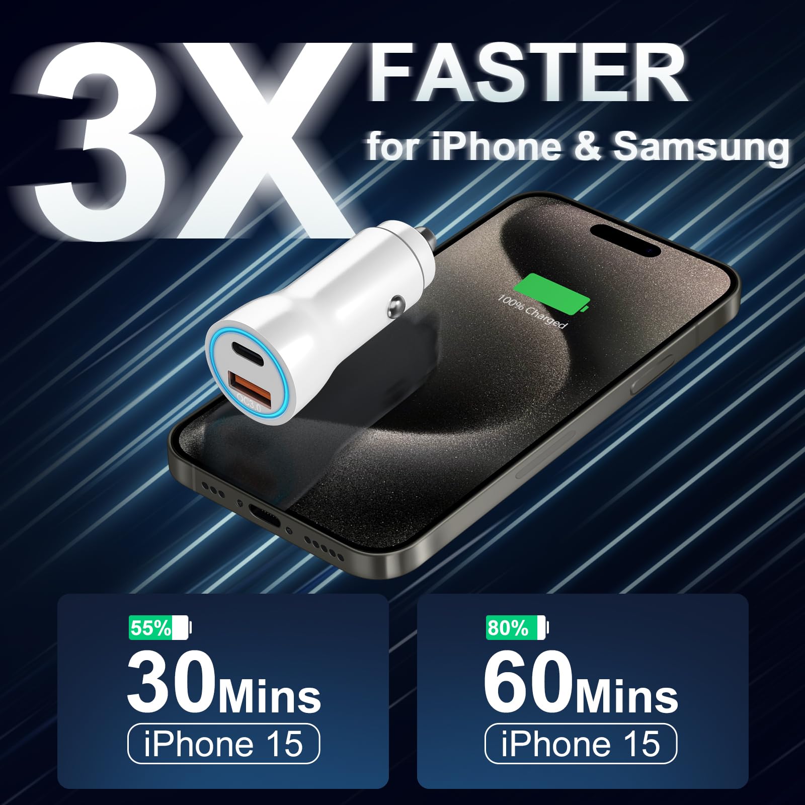 Usb C Car Charger For Iphone 16 15, [Apple Mfi Certified] 43W Fast Charging Usb C Car Charger With 3.3 Ft Usb C To Usb C Cable,