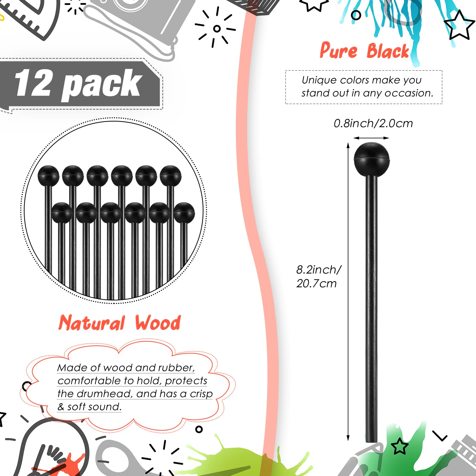 12 Pcs Glockenspiel Mallets Drum Mallets Percussion Xylophone Mallets 8.5 Inch Wood Mallets Percussion Sticks Rubber Head With S