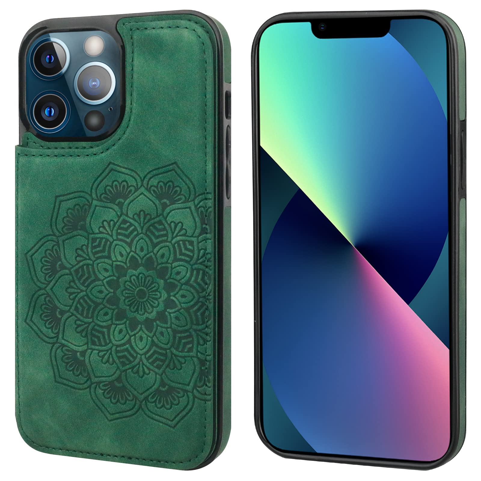 Vaburs Compatible With Iphone 13 Pro Max Case Wallet With Card Holder, Embossed Mandala Pattern   Flower Pu Leather Double Butto