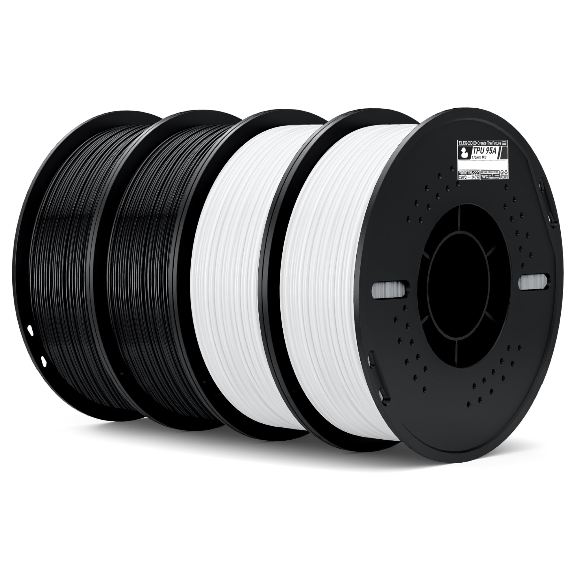 ELEGOO TPU Filament 1.75mm Black & White 4KG, 95A Flexible Soft 3D Printing Filament 4pcs 1KG Spool(2.2lbs) Fits for Most FDM 3D