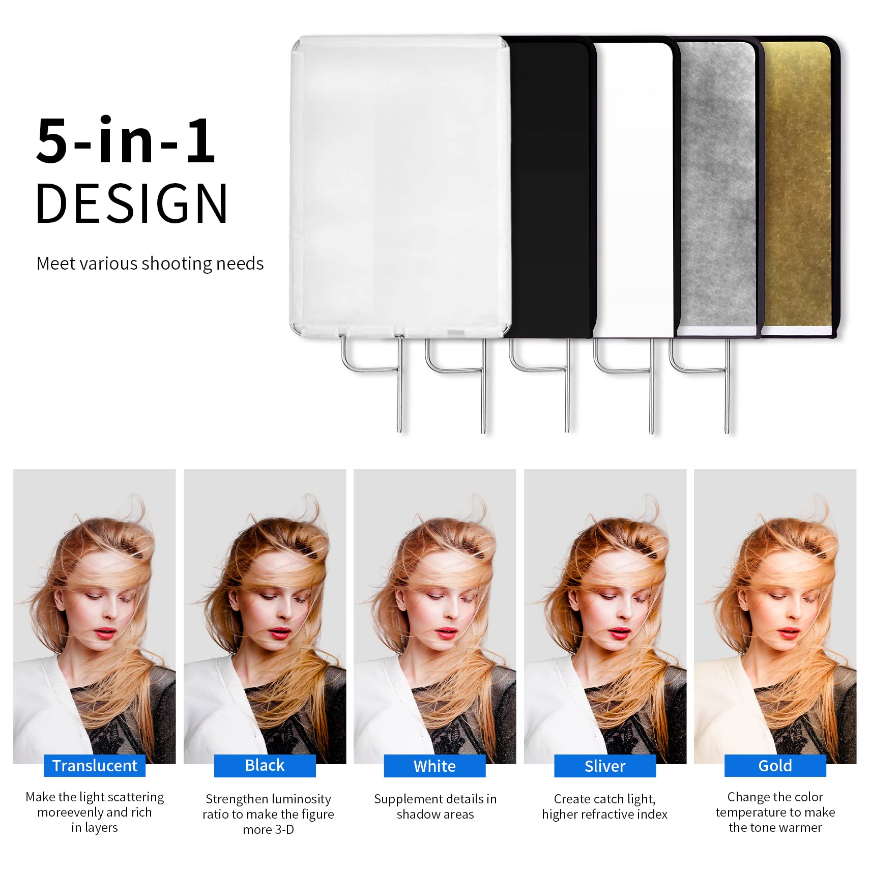 Selens 30''X35'' Light Reflector Flag With Frame, 5 In 1 Cover Cloth And Diffuser Gold & Silver, Black & White For Studio Photog