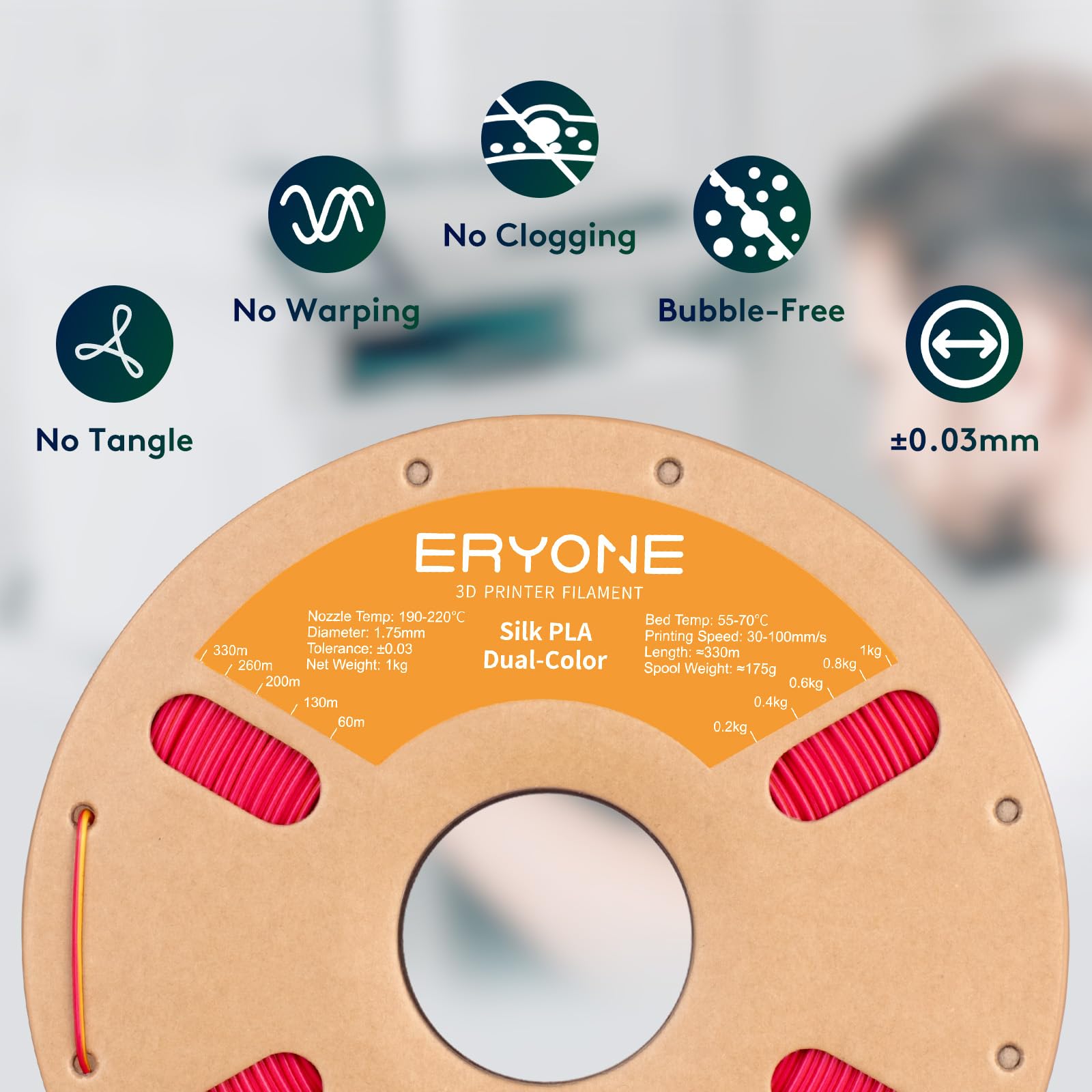 Eryone Silk Dual Color Filament Pla 3D Printer 1.75Mm +/  0.03Mm, Coextrusion Filament Pla Shiny Filament 1Kg(2.2Lbs), Red Gold