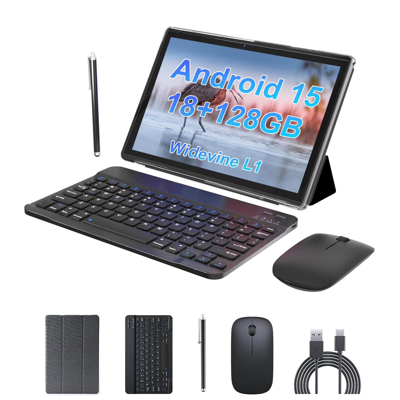 Android 15 Tablet 10 inch Tablet 2 IN 1 Tablets with Keyboard Mouse Case Stylus 18GB RAM 128GB ROM 2TB Expand, Android 15 Tablet