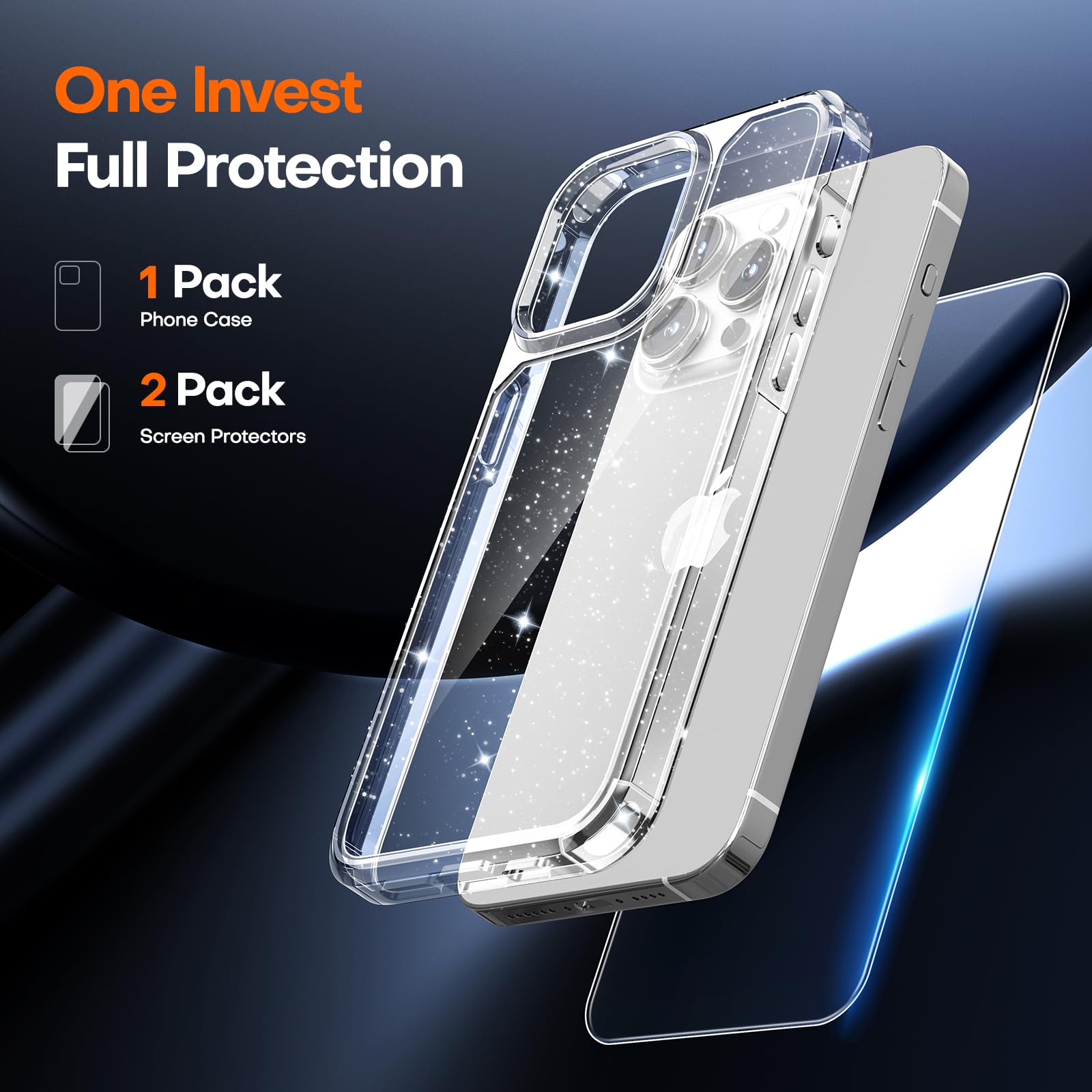 Tauri 3 In 1 For Iphone 15 Pro Case Glitter, [Not Yellowing] With 2X Screen Protector, [Military Grade Drop Protection] Bling Cu