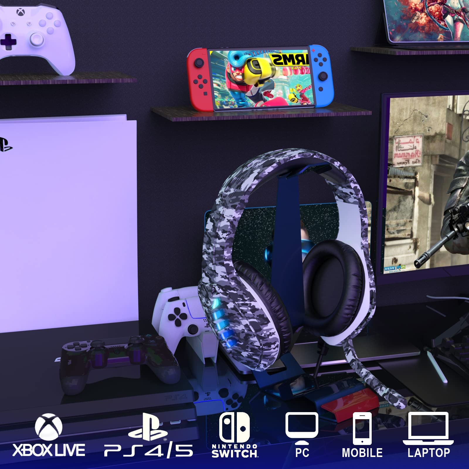 Erxung Gaming Headset With Microphone   For Pc, Ps4, Ps5, Switch, Xbox One, Xbox Series X|S   3.5Mm Jack Gamer Headphone With No
