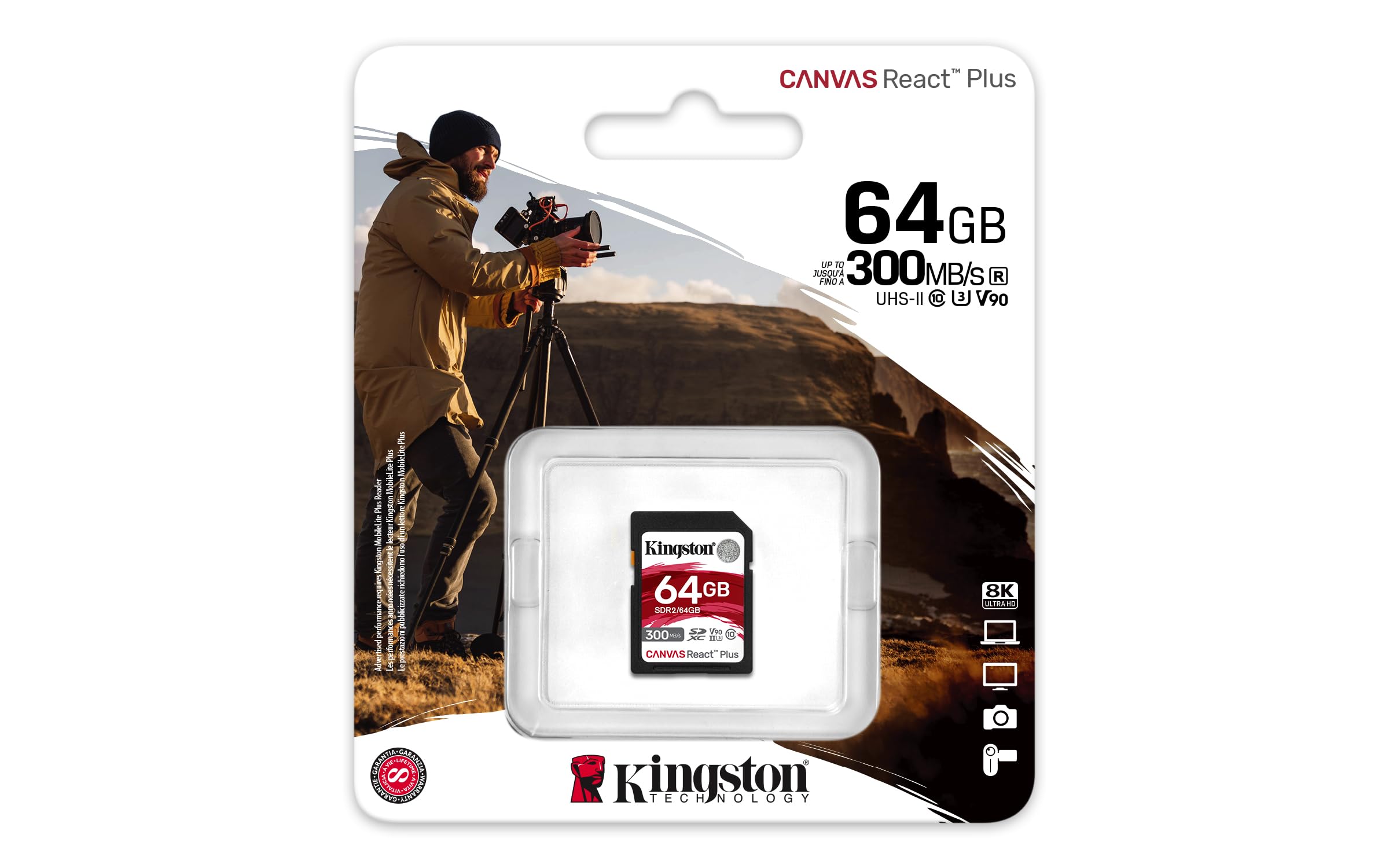 Kingston Canvas React Plus 64Gb Sd Card | Sdxc Uhs-Ii | 300R/260W U3 V90 | Full Hd/4K/8K | Sdr2/64Gb