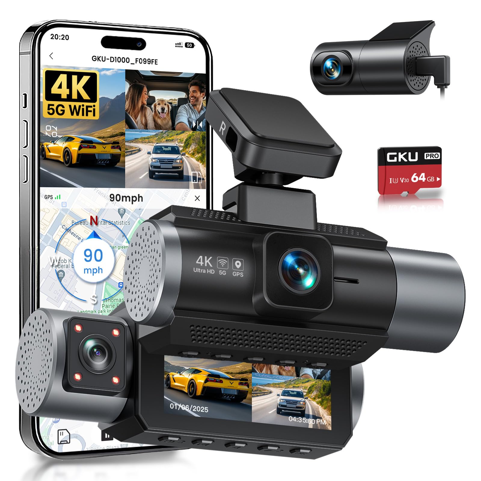 Gku 4K 3 Channel Dash Cam, 5.8Ghz Wifi Built-In Gps, 4K+1080P+1080P Dash Cam Front And Rear Inside, 64Gb Card Inserted, 24H Park