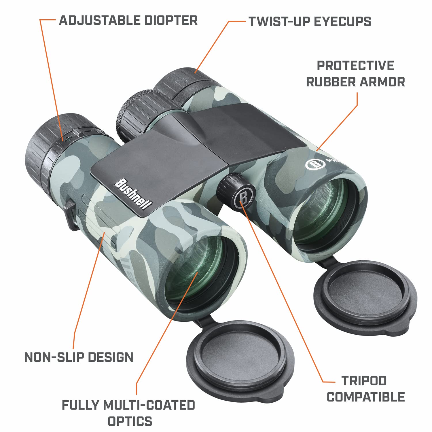 Bushnell Prime 10X42 Blackout Camo Binoculars, High Definition Optics, Waterproof And Fogproof, Durable Design, Multi Coated Len