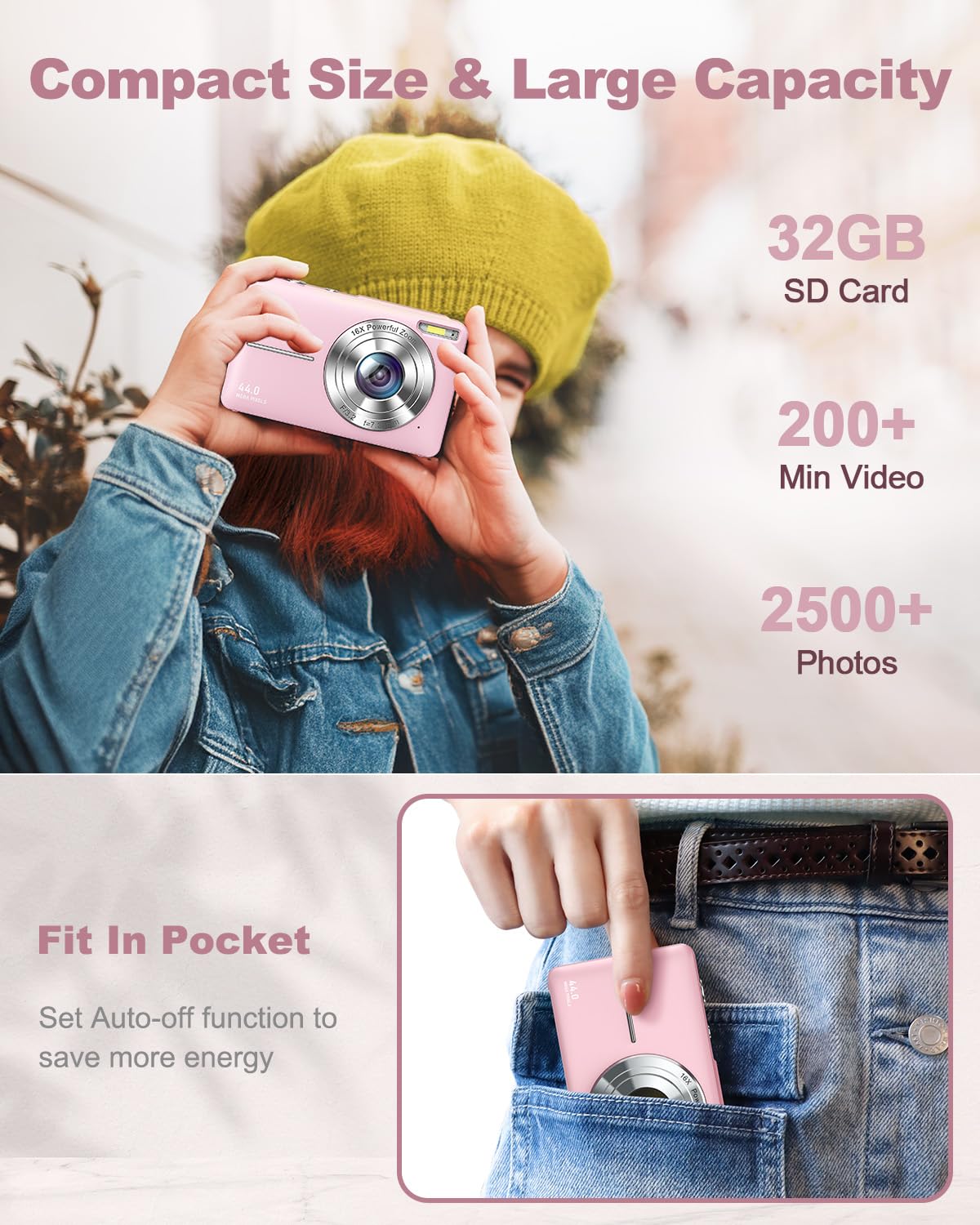 Digital Camera, Fhd 1080P Kids Camera 44Mp Point And Shoot Digital Cameras With 32Gb Card, Lanyard, 16X Zoom Anti Shake, Vintage Portable Small Camera For Kids Boys Girls Teens Students, Pink
