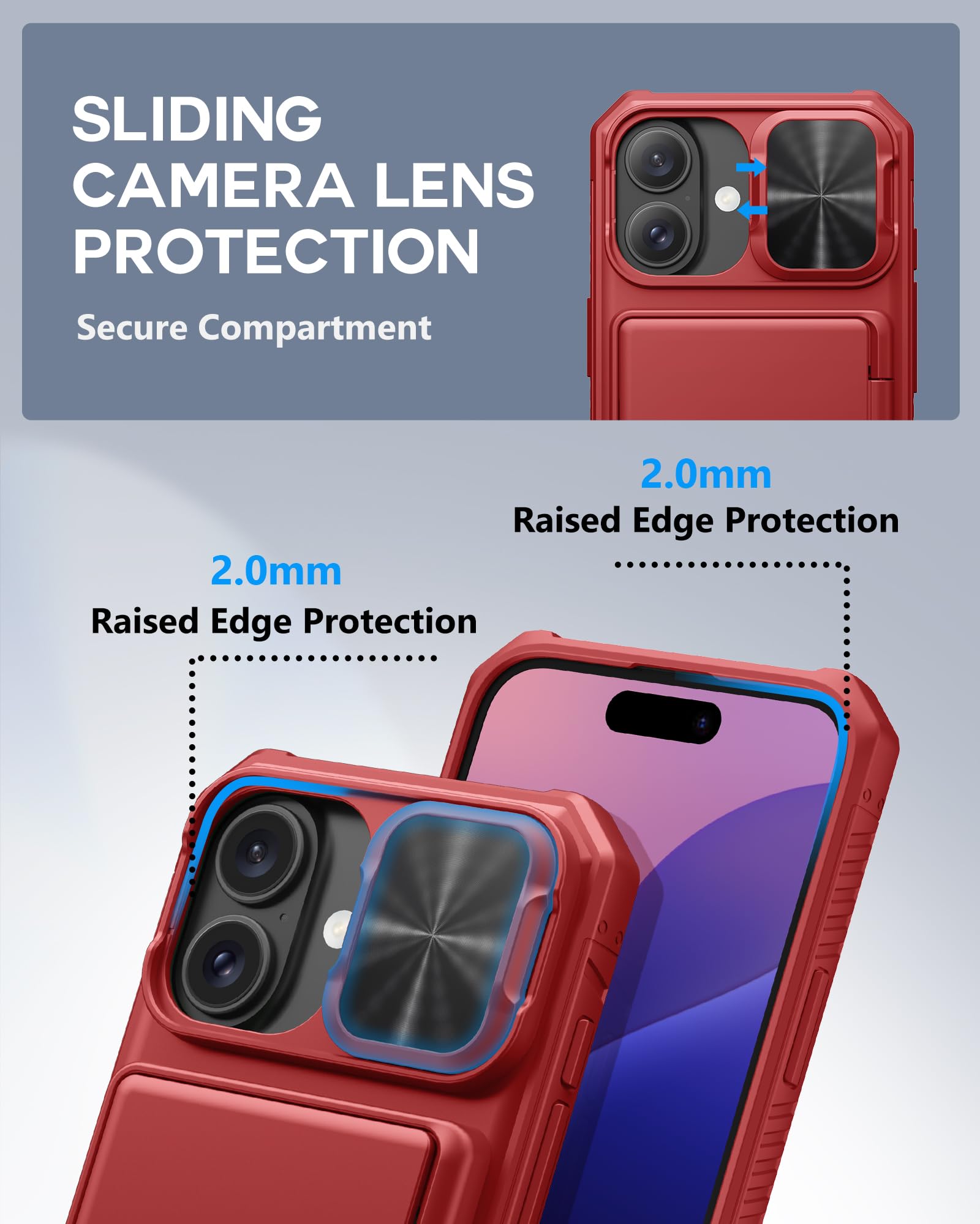 Atatoo For Iphone 16 Case With Card Holder (Store 3 5 Cards) [Rfid Blocking] & Slide Lens Protector, Military Grade Protection,