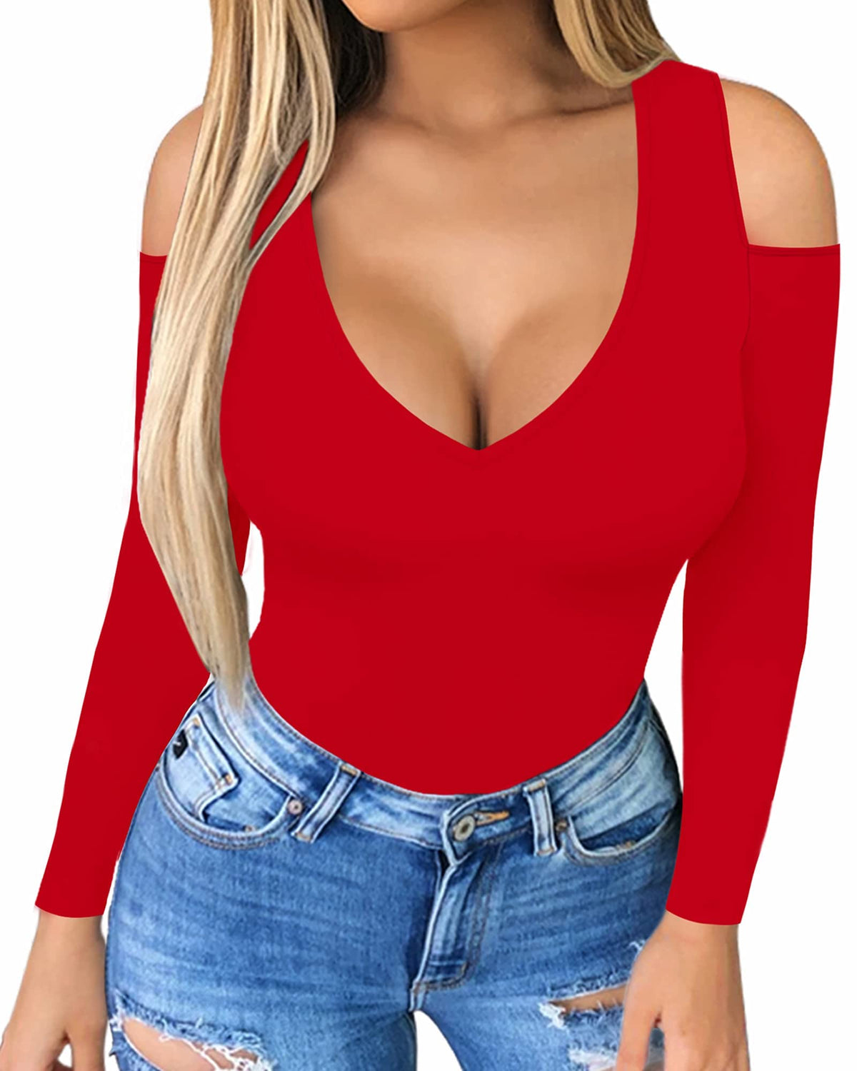 Herlollychips Womens Long Sleeve Tops Deep V Neck Cold Shoulder Tight Fitted Sexy Casual Fall Winter Tee T Shirts(Long Sleeve Re